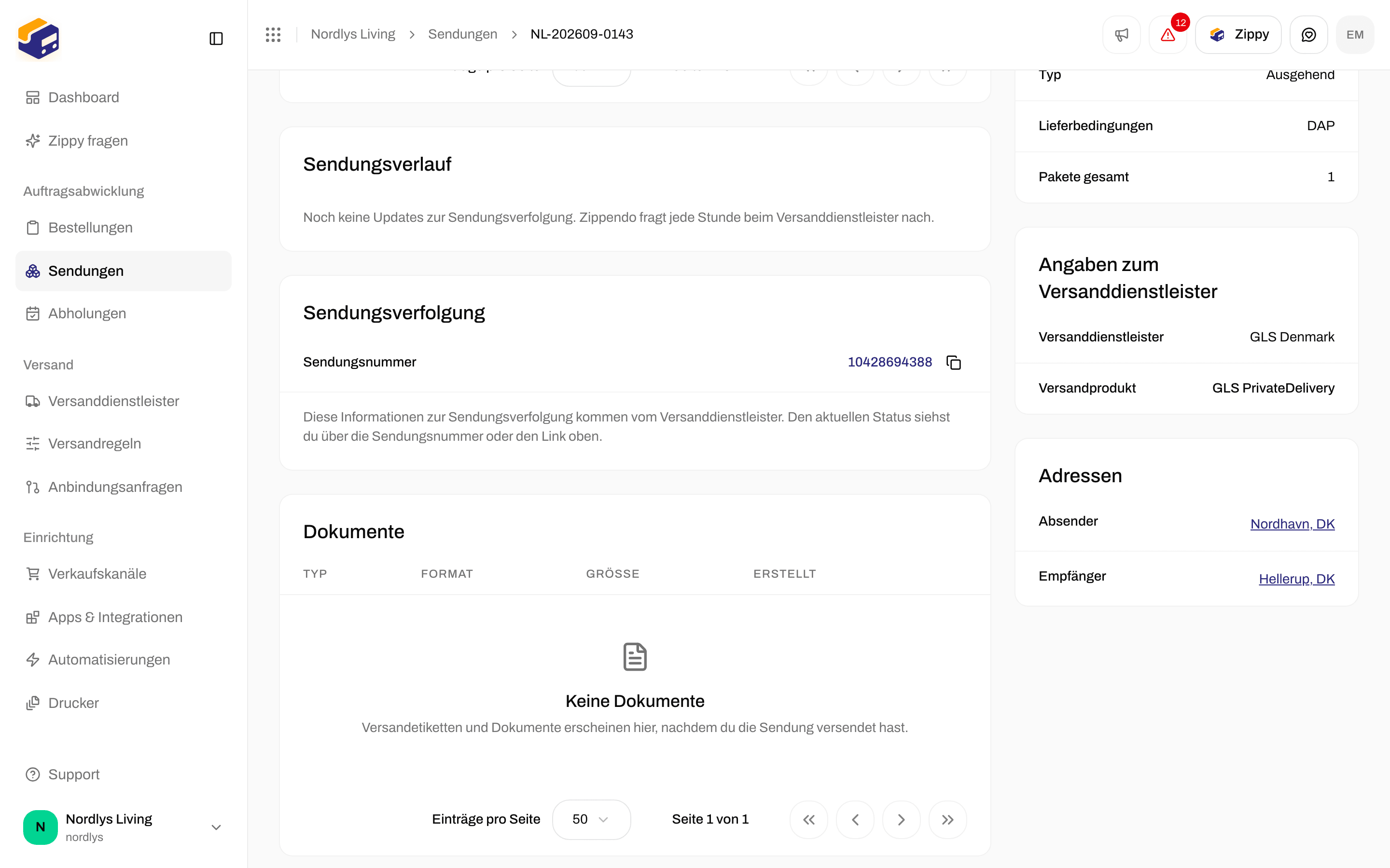 Sendungsverlauf mit dem Hinweis, dass es noch keine Updates zur Sendungsverfolgung gibt