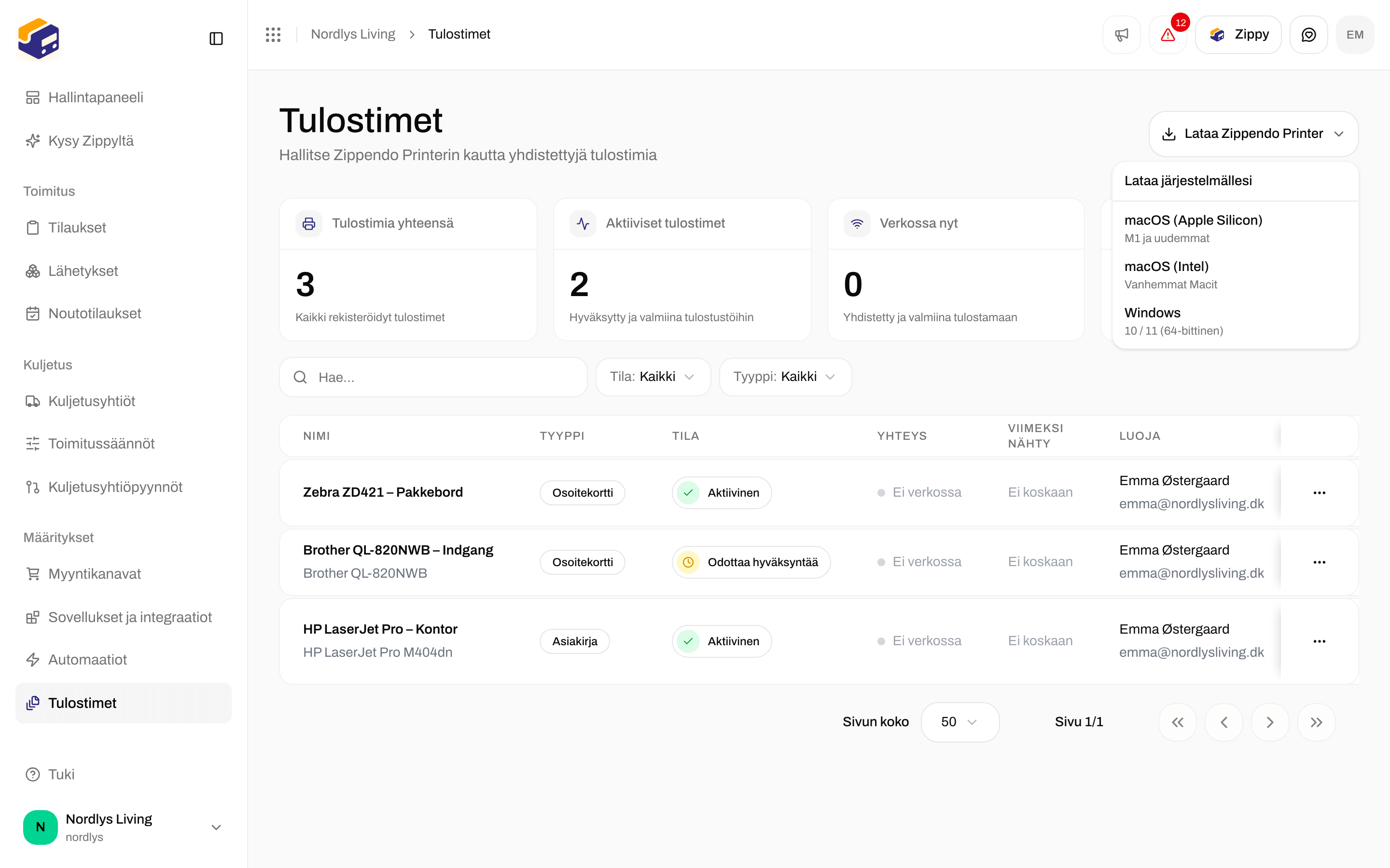 Tulostimet-sivun latausvalikko, jossa macOS Apple Silicon-, macOS Intel- ja Windows-asennusohjelmat