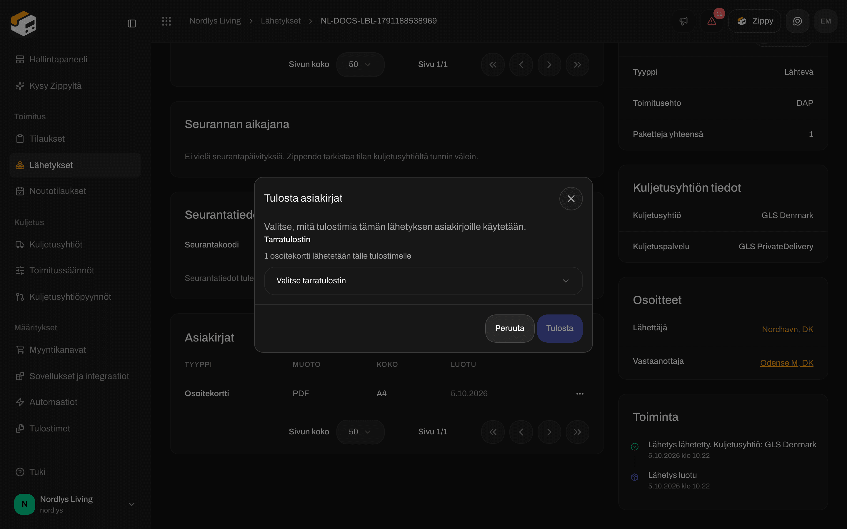 Tulosta asiakirjat -ikkuna, jossa pyydetään valitsemaan tarratulostin lähetyksen asiakirjoille