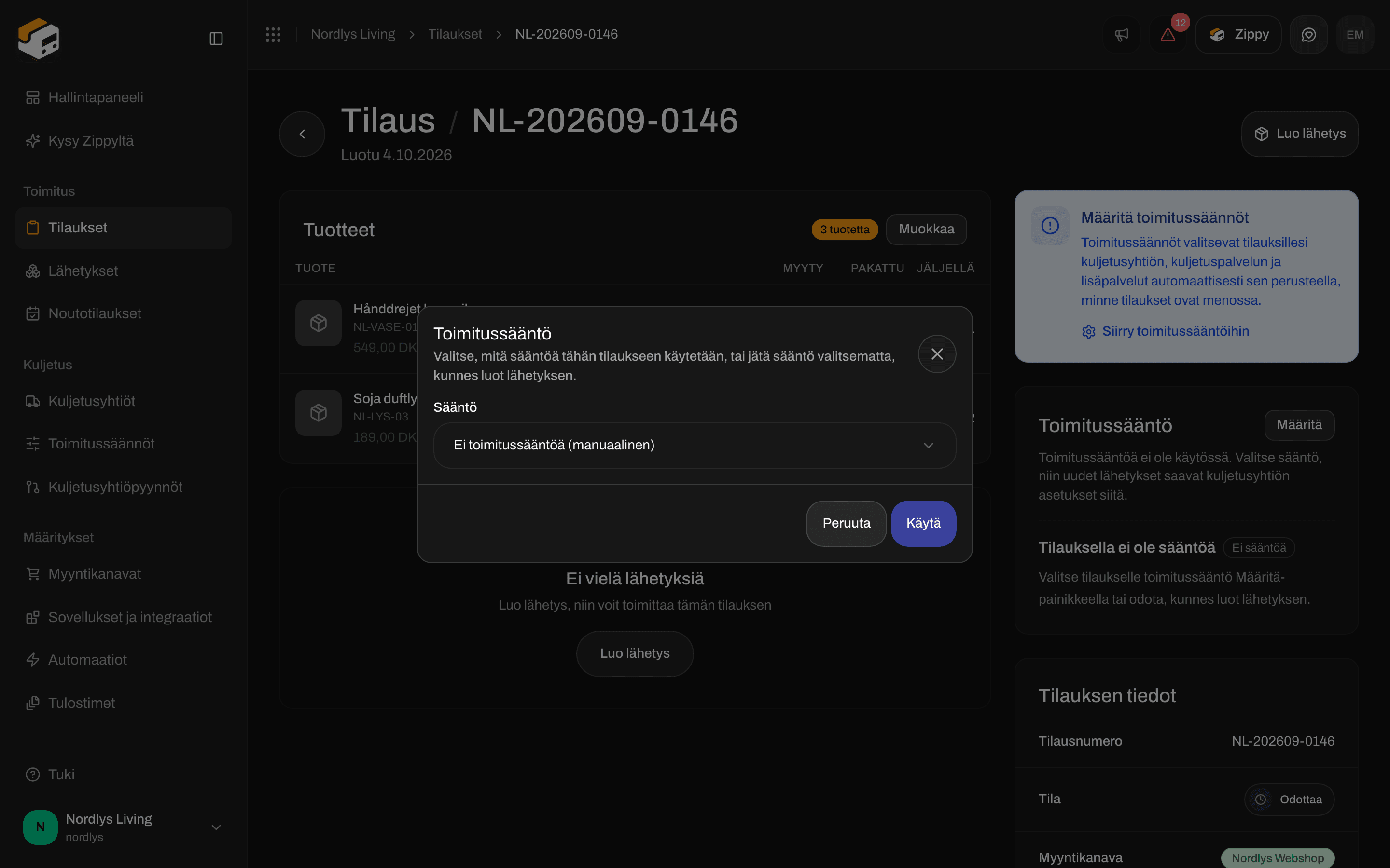 Toimitussääntö-ikkuna, jossa Sääntö-luettelo on arvossa Ei toimitussääntöä (manuaalinen), ja Käytä