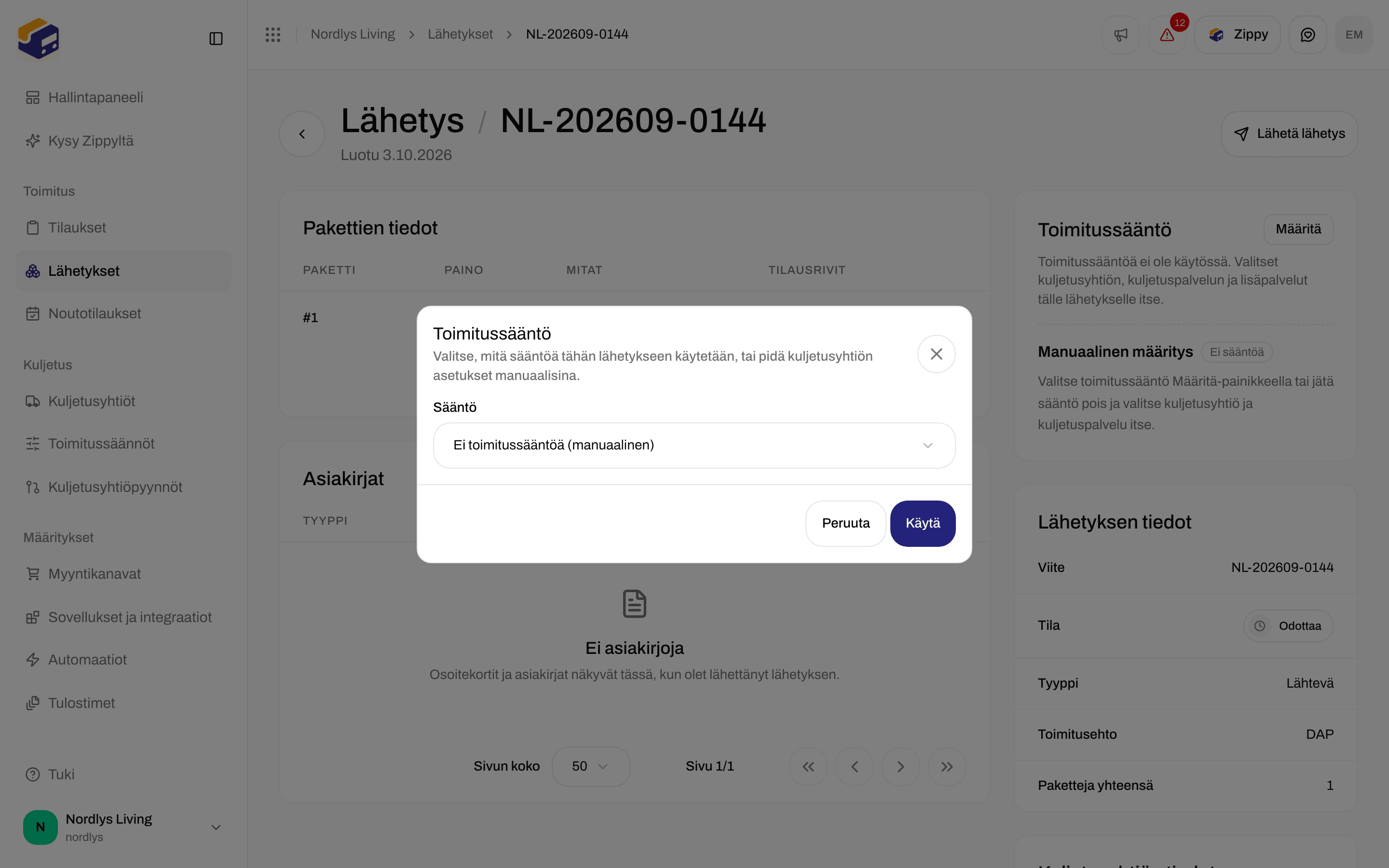 Lähetyksen Toimitussääntö-ikkuna, jossa Sääntö-luettelo ja Käytä