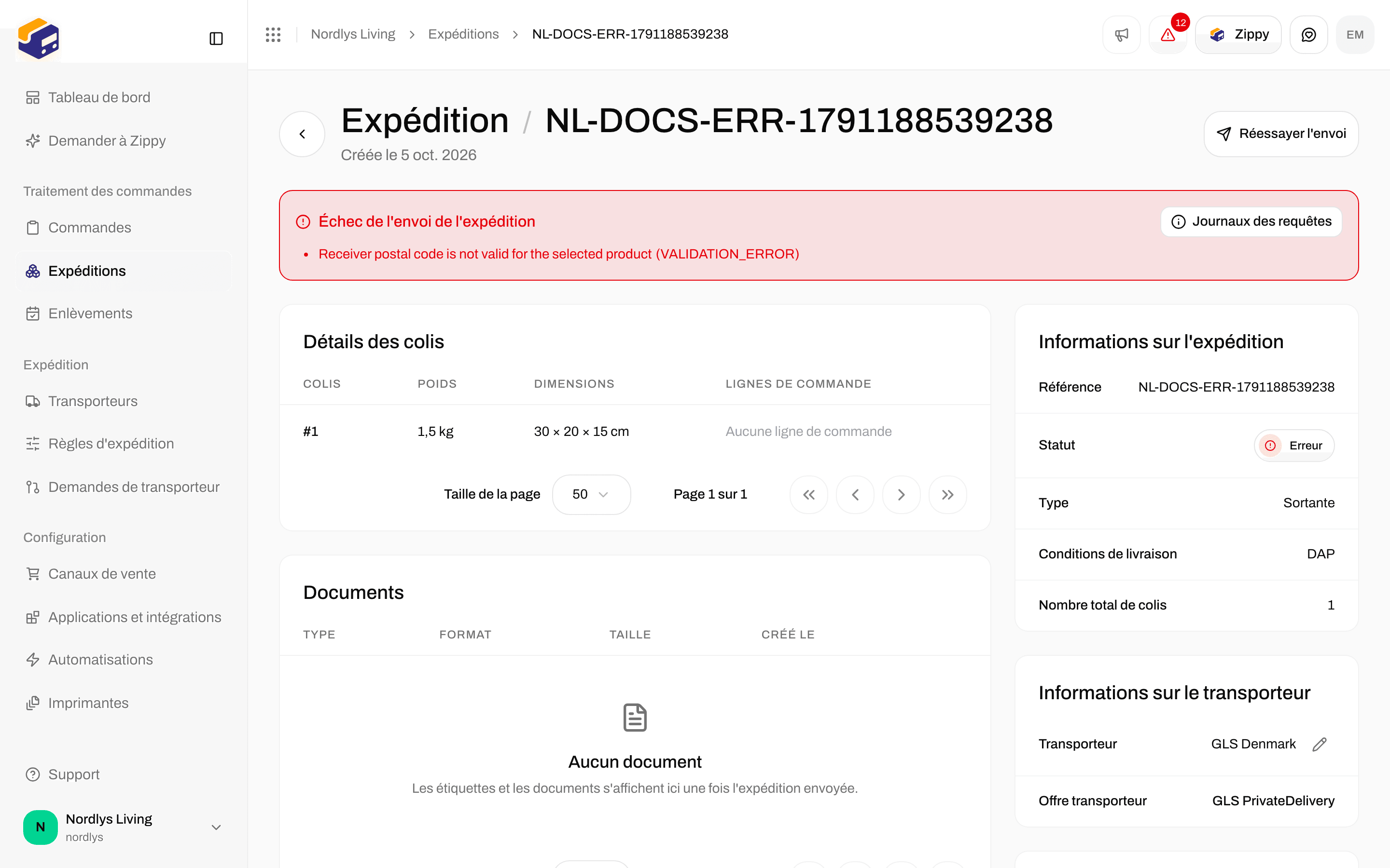 Encadré Échec de l'envoi de l'expédition avec Réessayer l'envoi en haut de la page