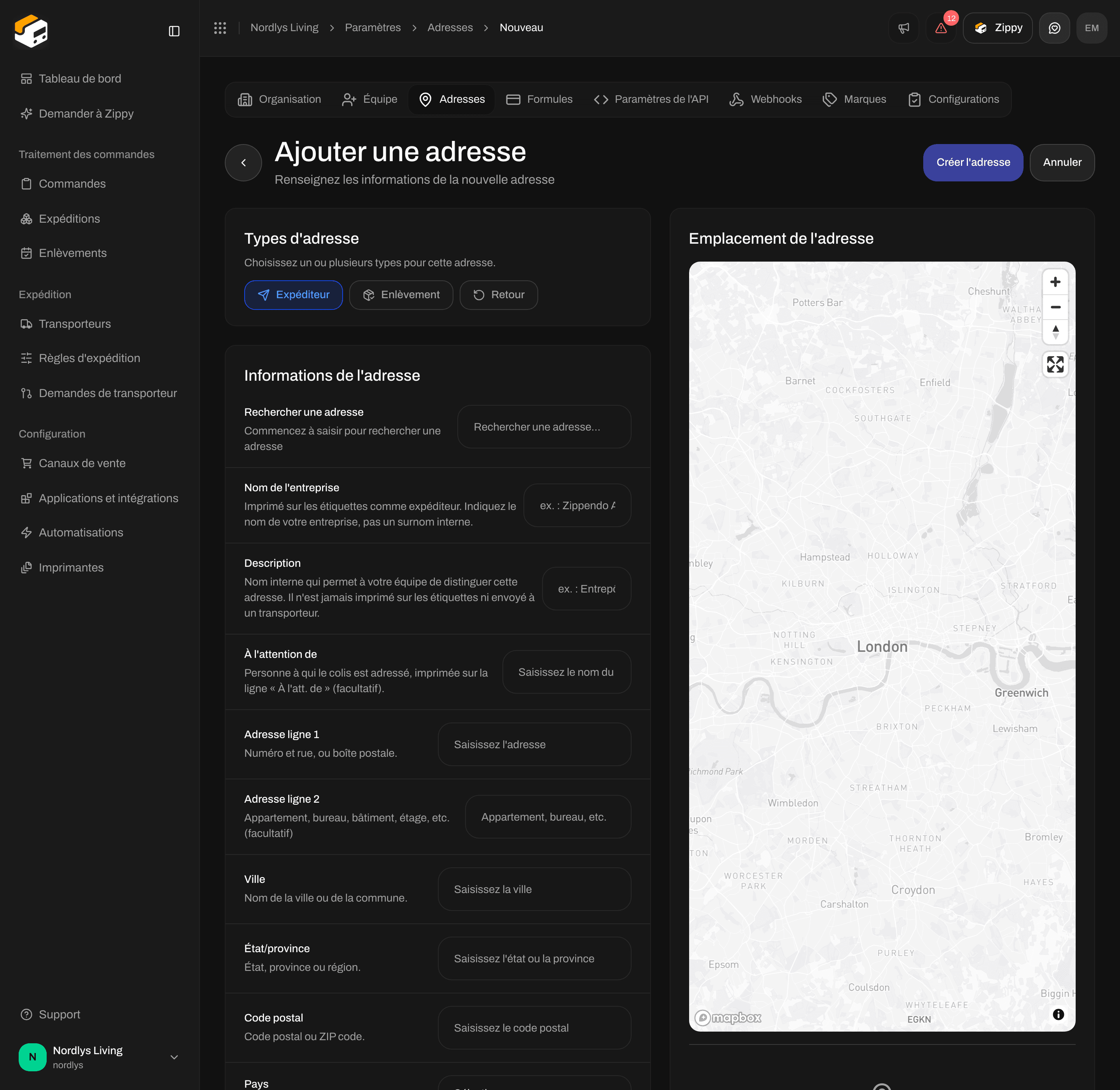 Formulaire Ajouter une adresse avec Types d'adresse, Informations de l'adresse et la carte Emplacement de l'adresse