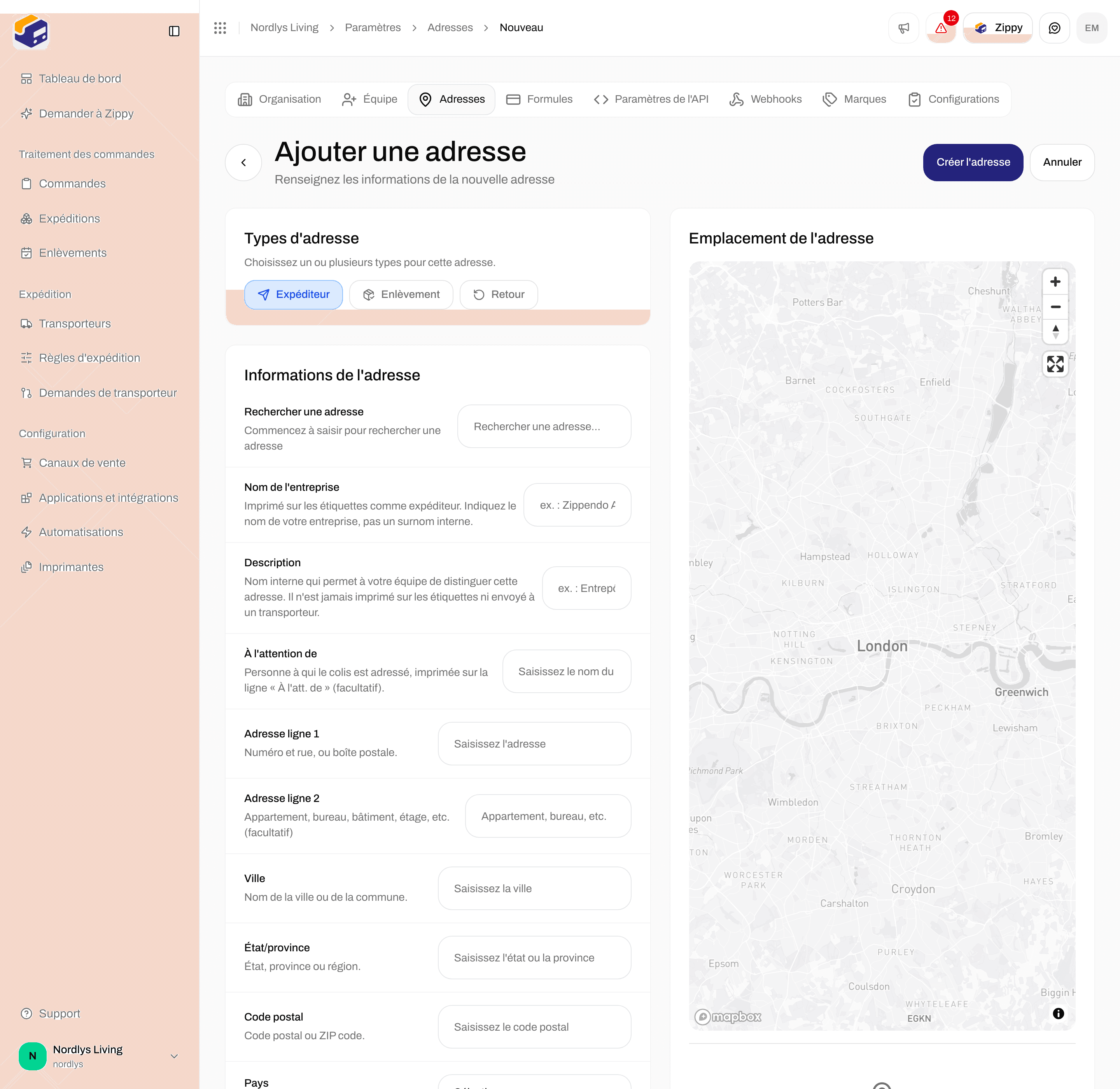 Formulaire Ajouter une adresse avec Types d'adresse, Informations de l'adresse et la carte Emplacement de l'adresse