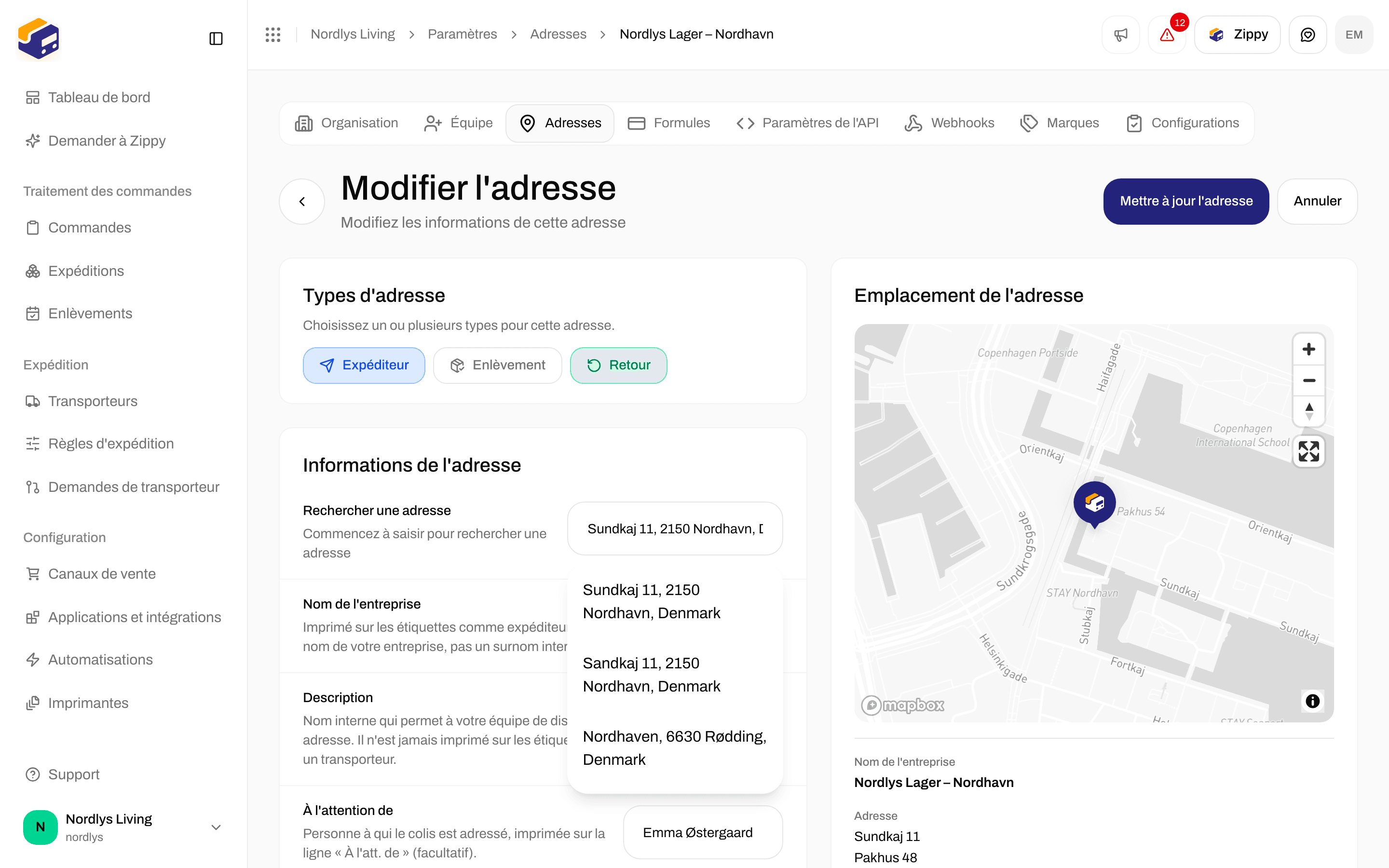 Formulaire Modifier l'adresse rempli avec l'adresse d'un entrepôt d'exemple et un repère sur la carte