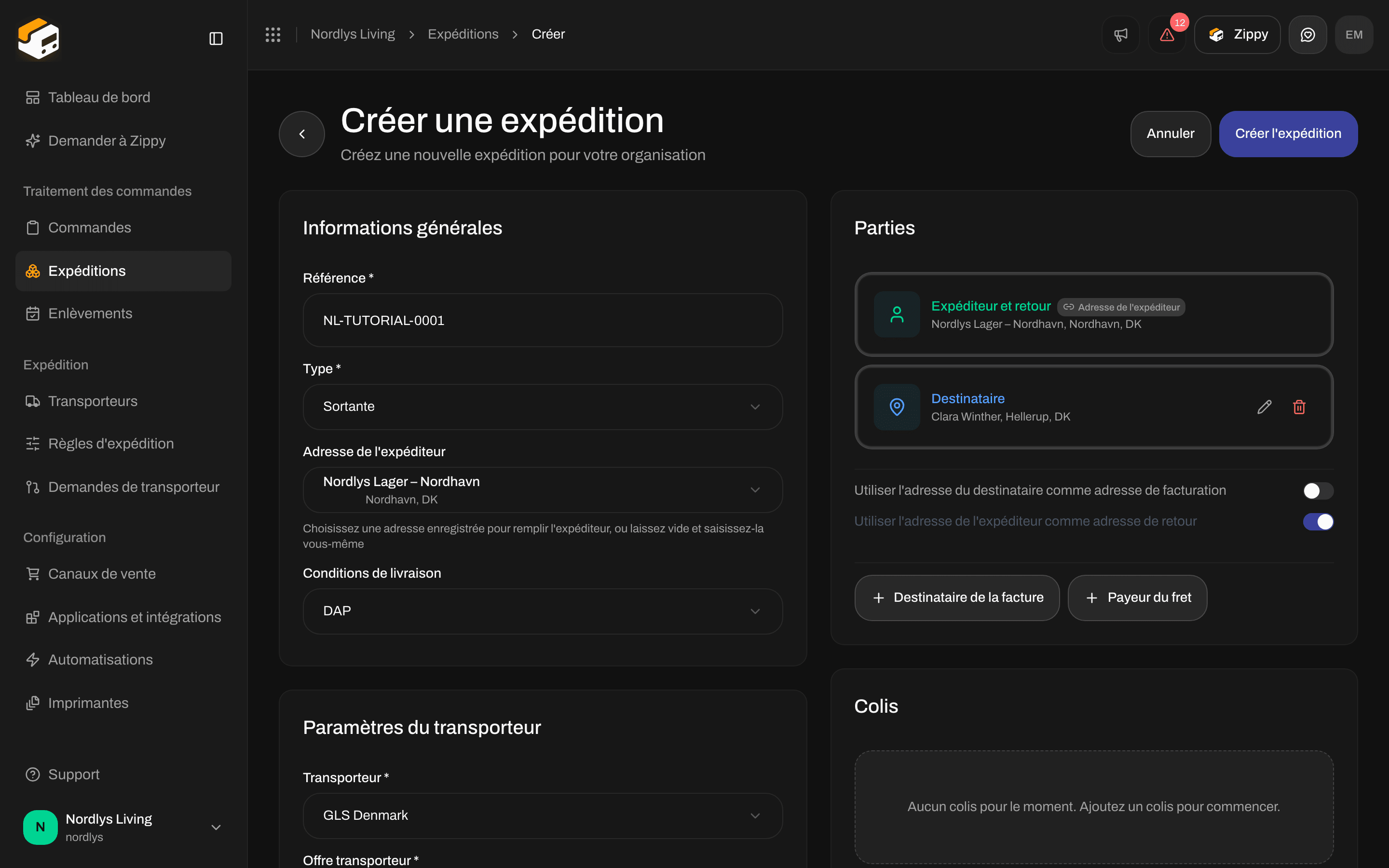Carte Parties avec Expéditeur et Retour verrouillés à partir de l'adresse de l'expéditeur, une ligne Destinataire et les interrupteurs « identique à »