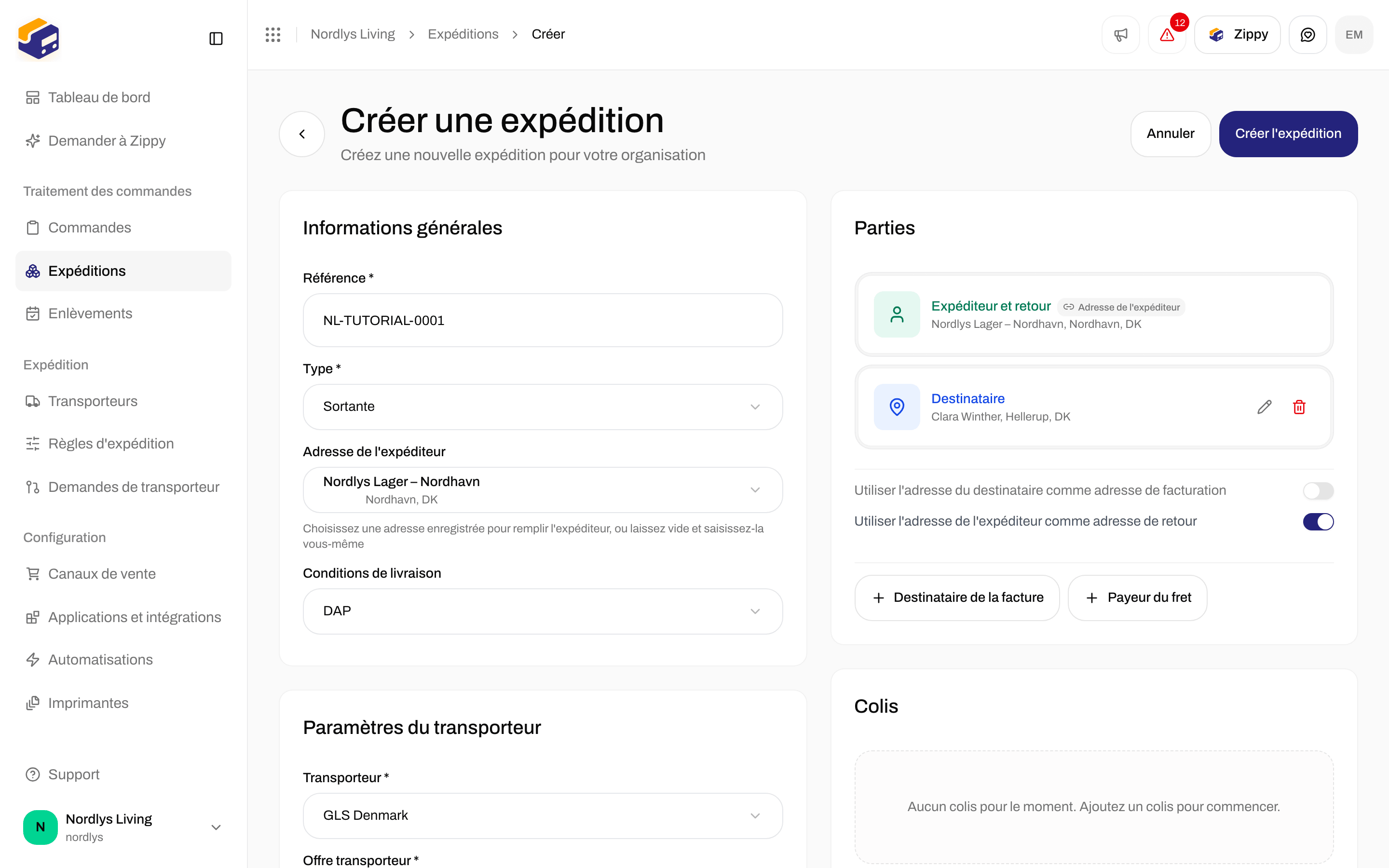Carte Parties avec Expéditeur et Retour verrouillés à partir de l'adresse de l'expéditeur, une ligne Destinataire et les interrupteurs « identique à »