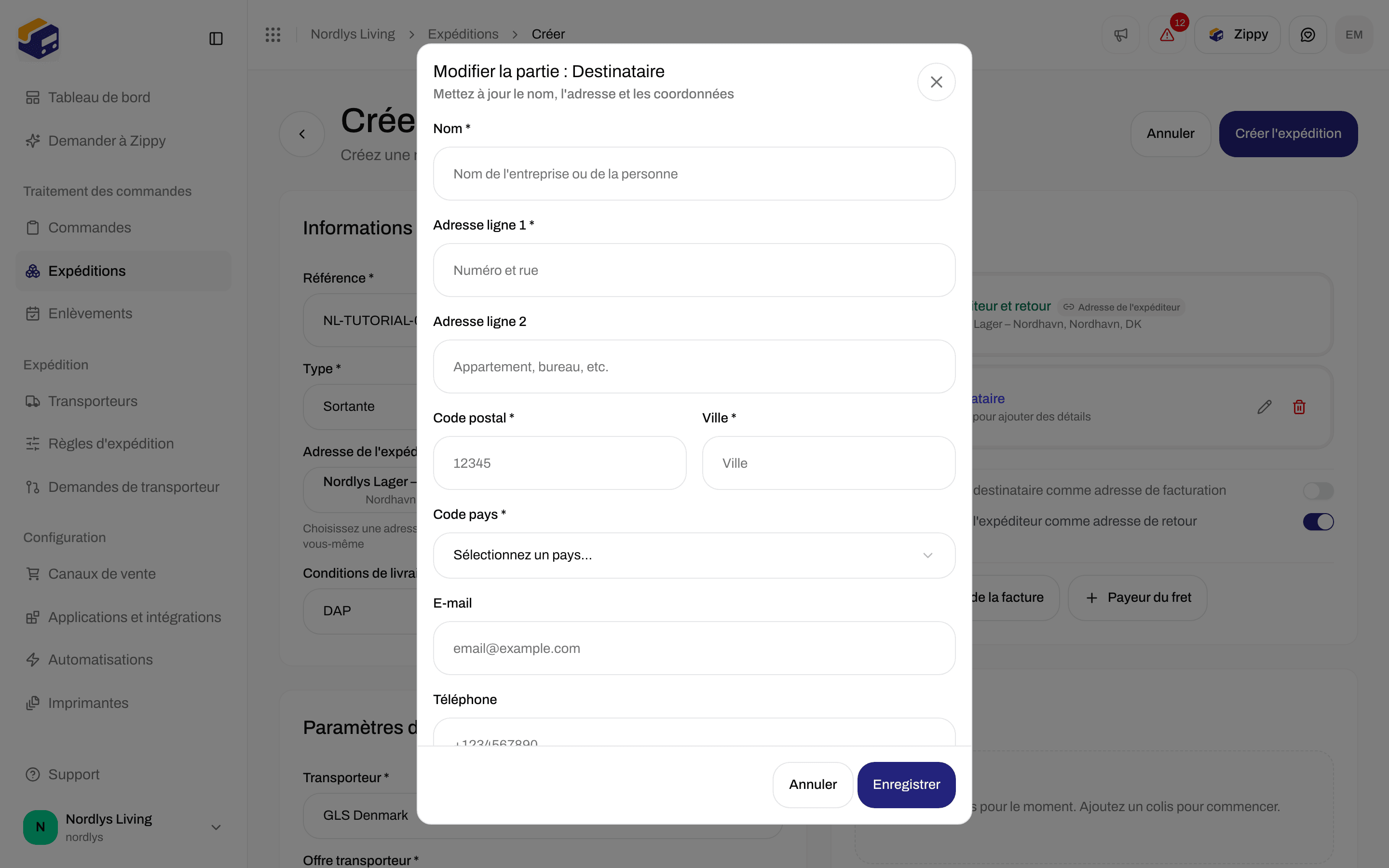 Fenêtre Modifier la partie : Destinataire avec le nom, l'adresse, le code postal, la ville, le sélecteur de pays, l'e-mail et le téléphone