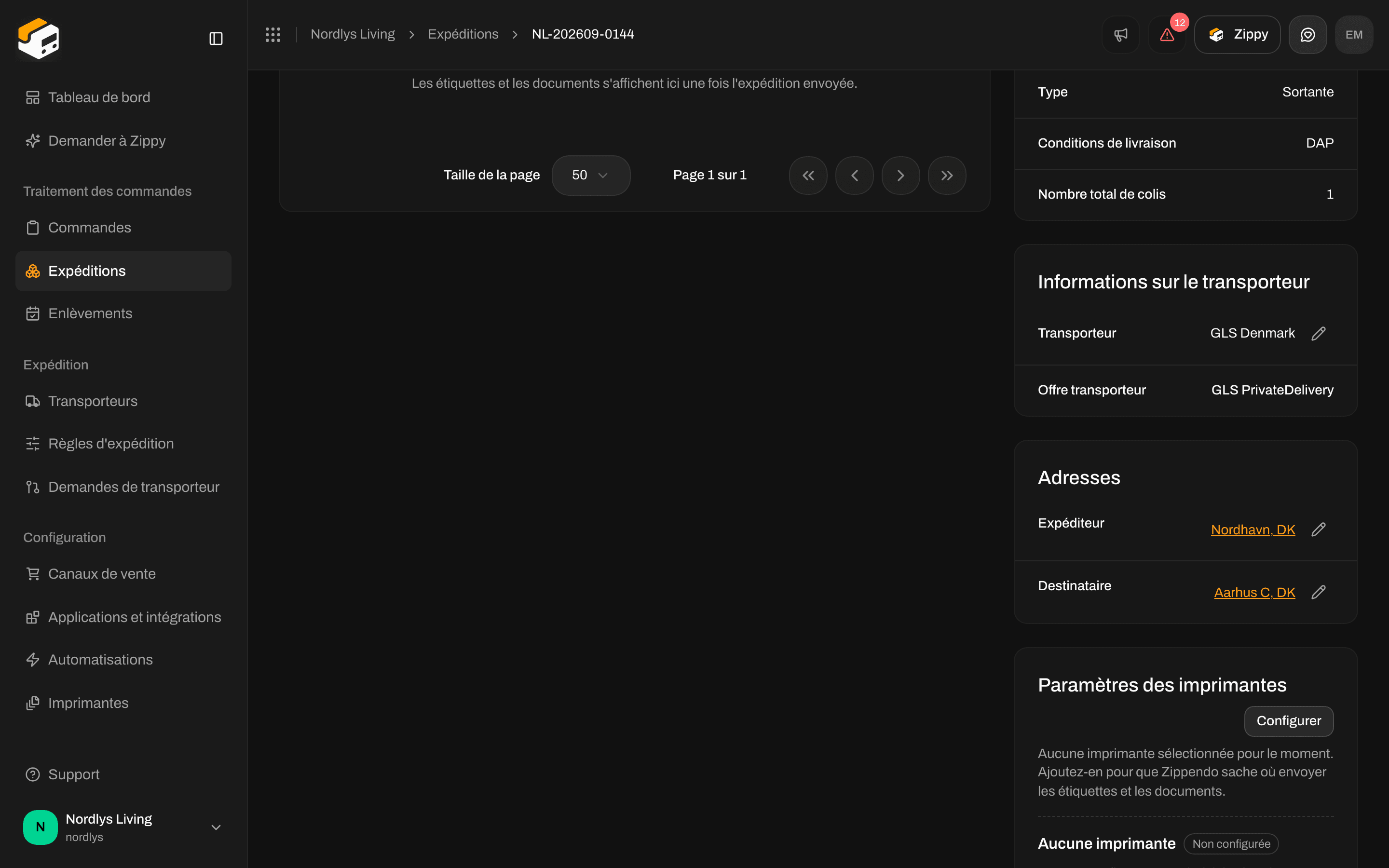 Cadre Paramètres des imprimantes sur une expédition affichant Aucune imprimante et Non configurée