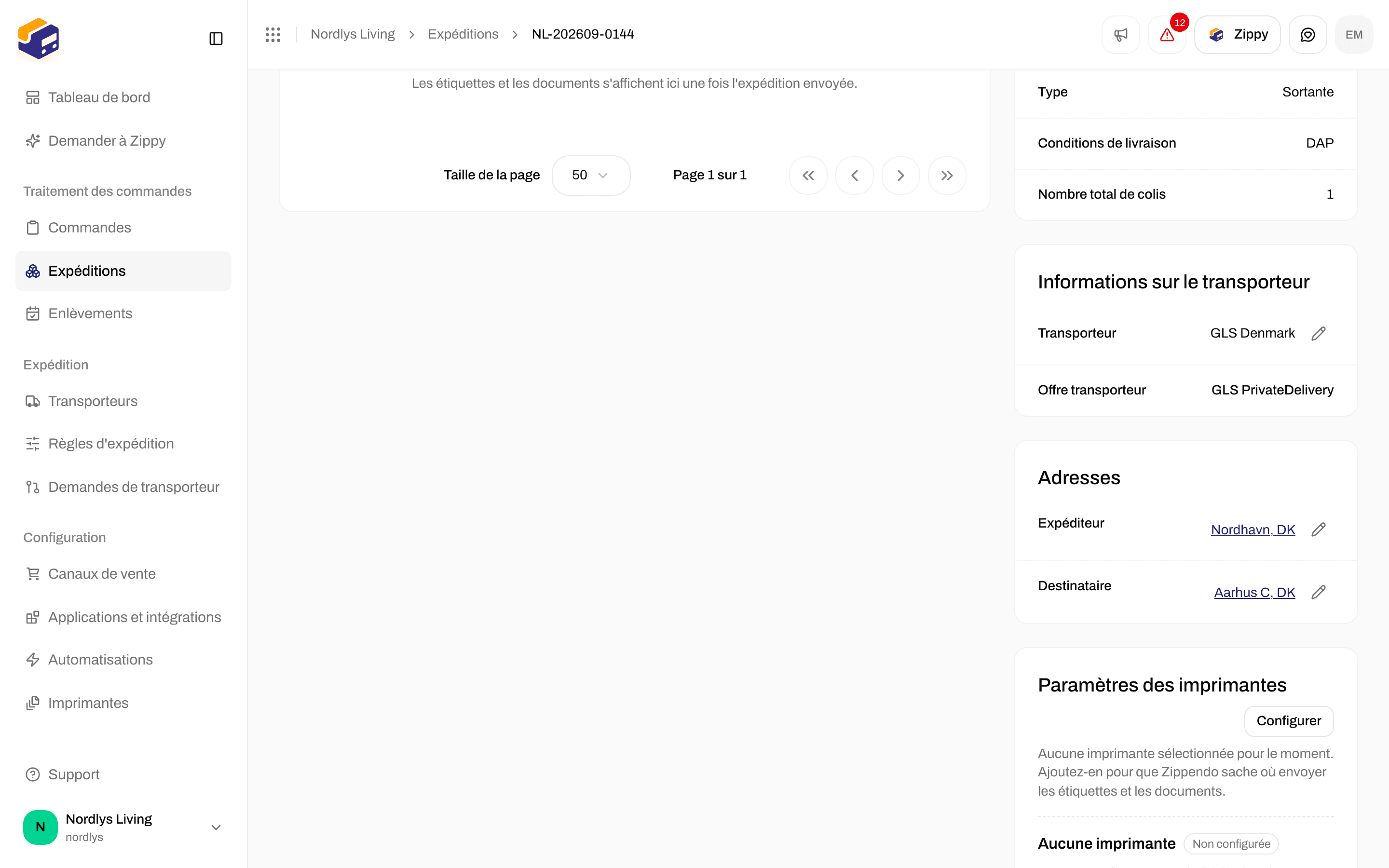 Cadre Paramètres des imprimantes sur une expédition affichant Aucune imprimante et Non configurée