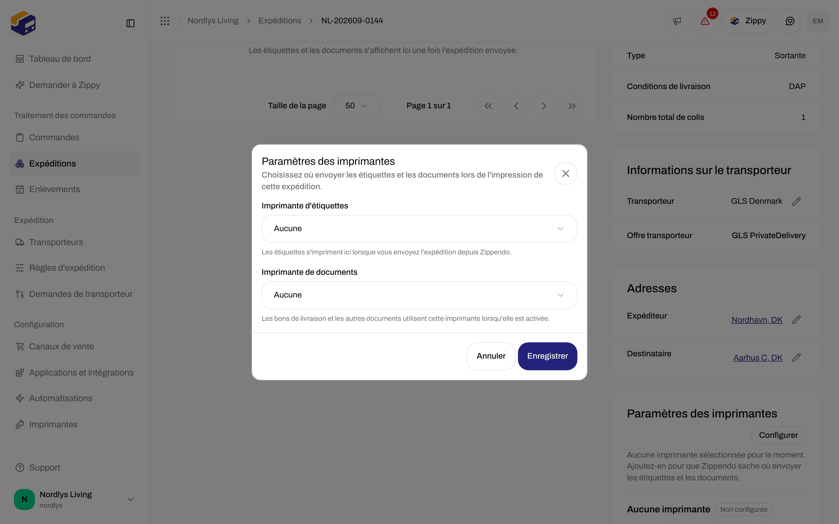 Fenêtre Paramètres des imprimantes avec les listes Imprimante d'étiquettes et Imprimante de documents