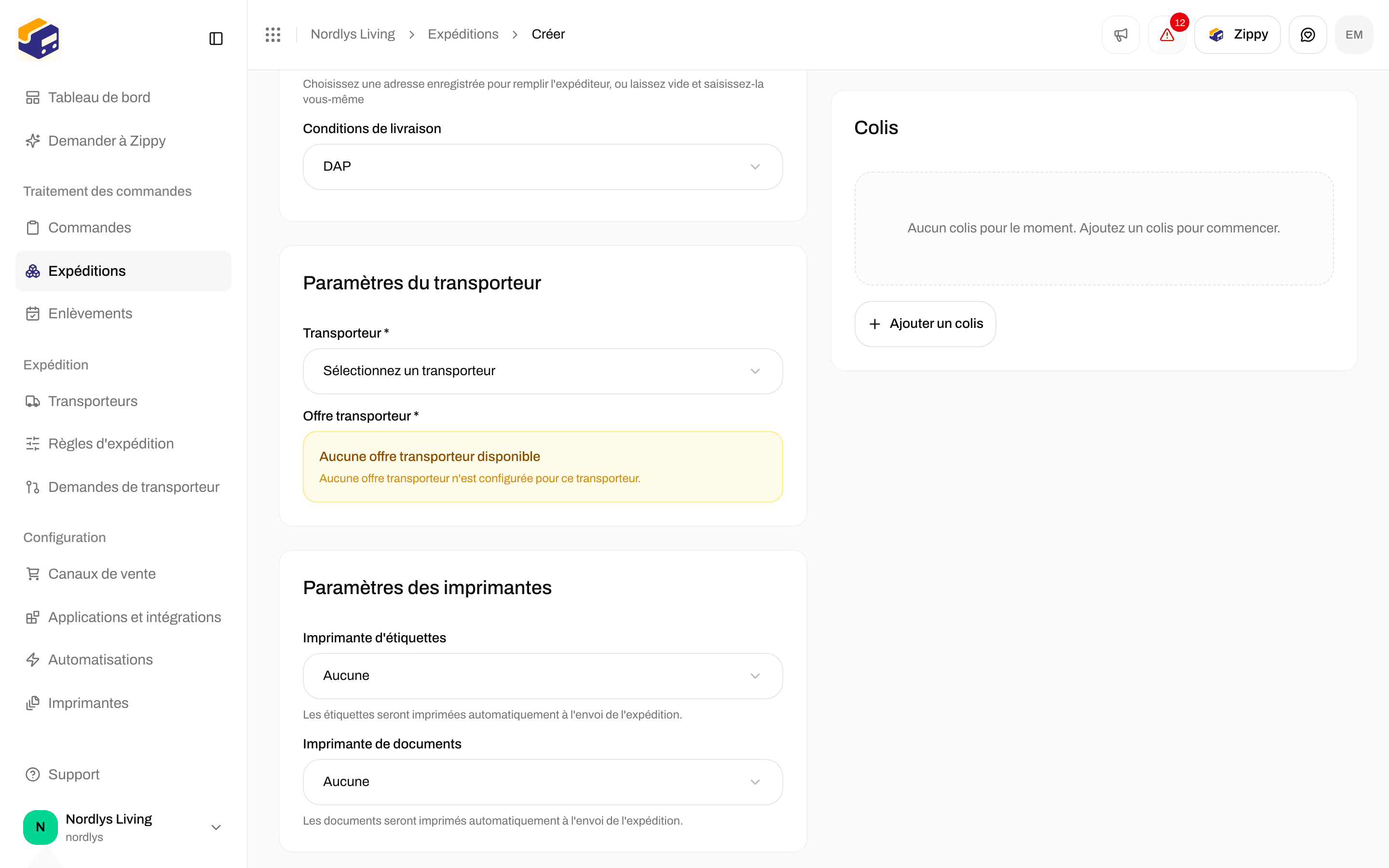 Cadre Paramètres des imprimantes sur Créer une expédition avec Imprimante d'étiquettes et Imprimante de documents sur Aucune