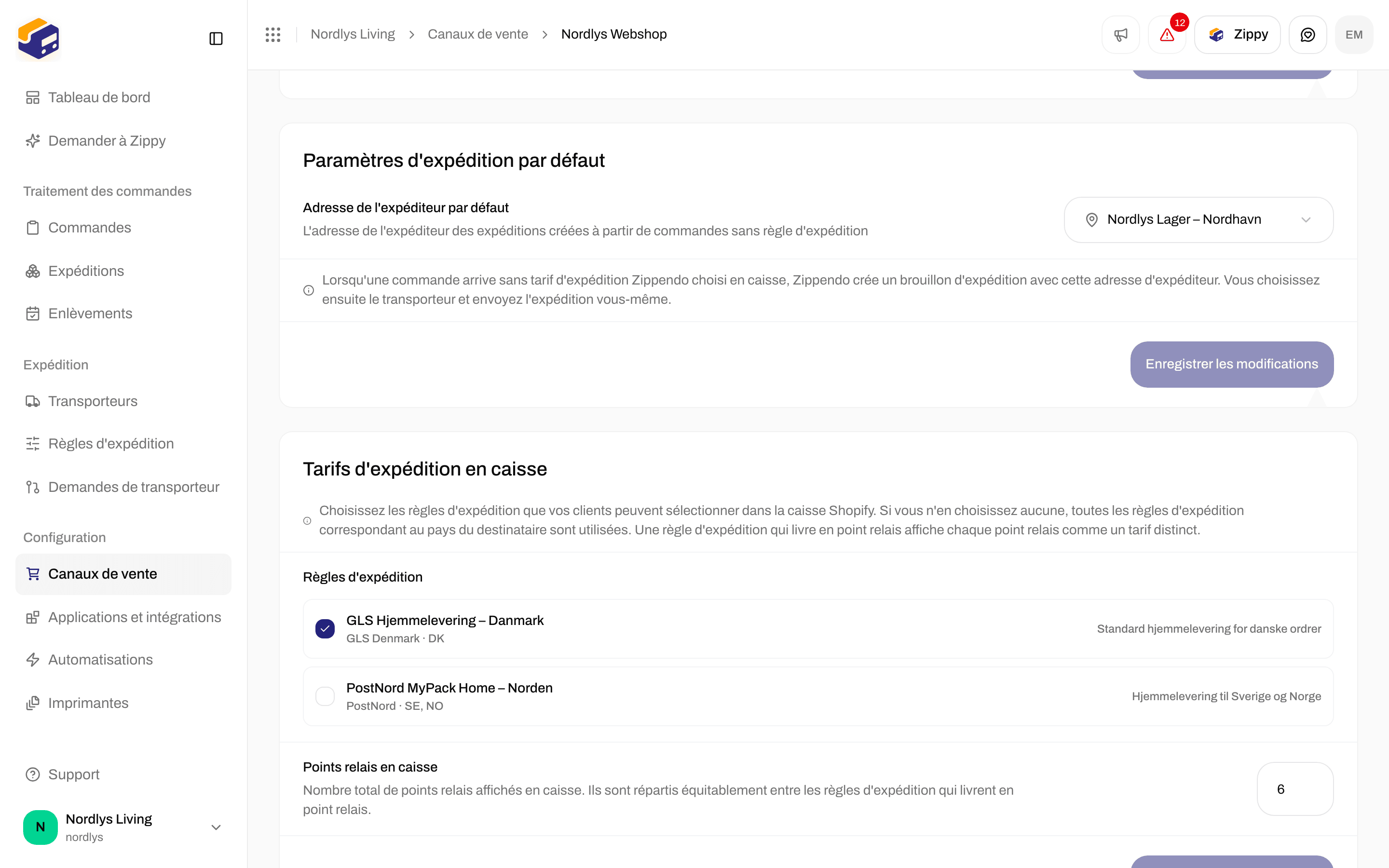 Tarifs d'expédition en caisse avec les cases des règles d'expédition et Points relais en caisse défini sur 6