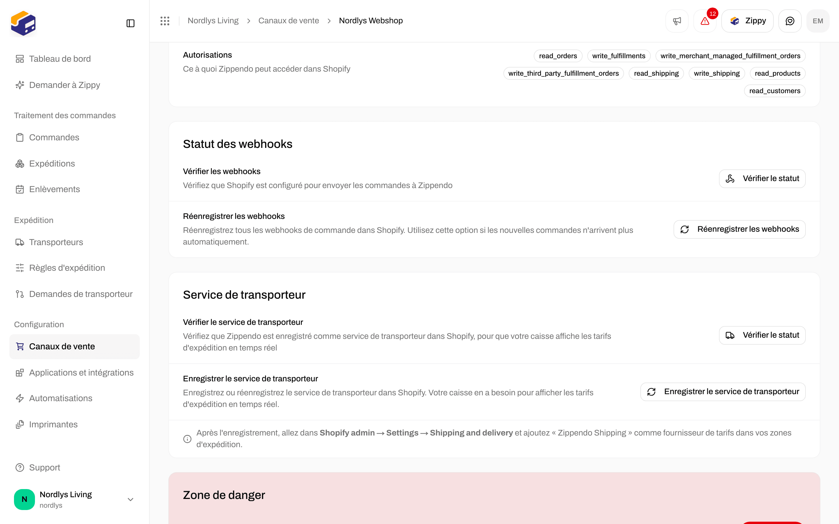 Onglet Connexion et intégration de Shopify avec la carte Service de transporteur, Vérifier le statut et Enregistrer le service de transporteur