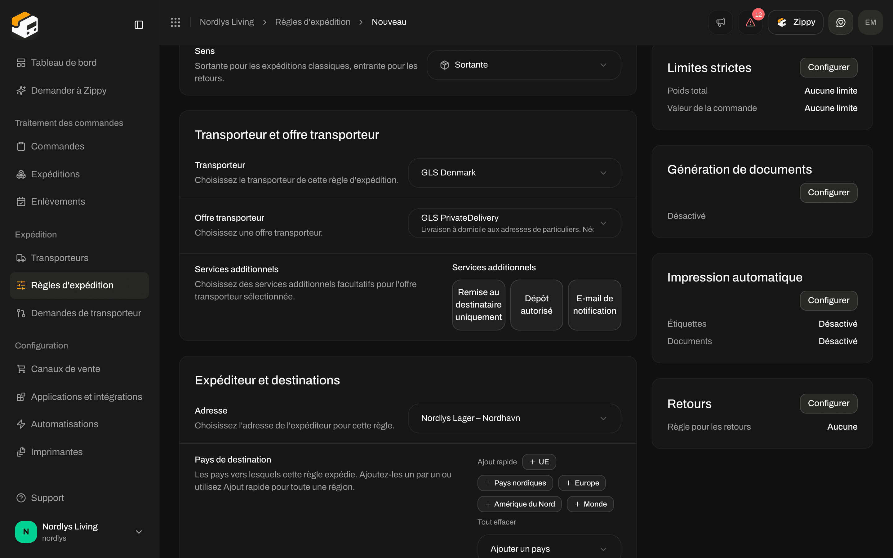 Limites strictes avec Minimum et Maximum pour le poids total et la valeur de la commande