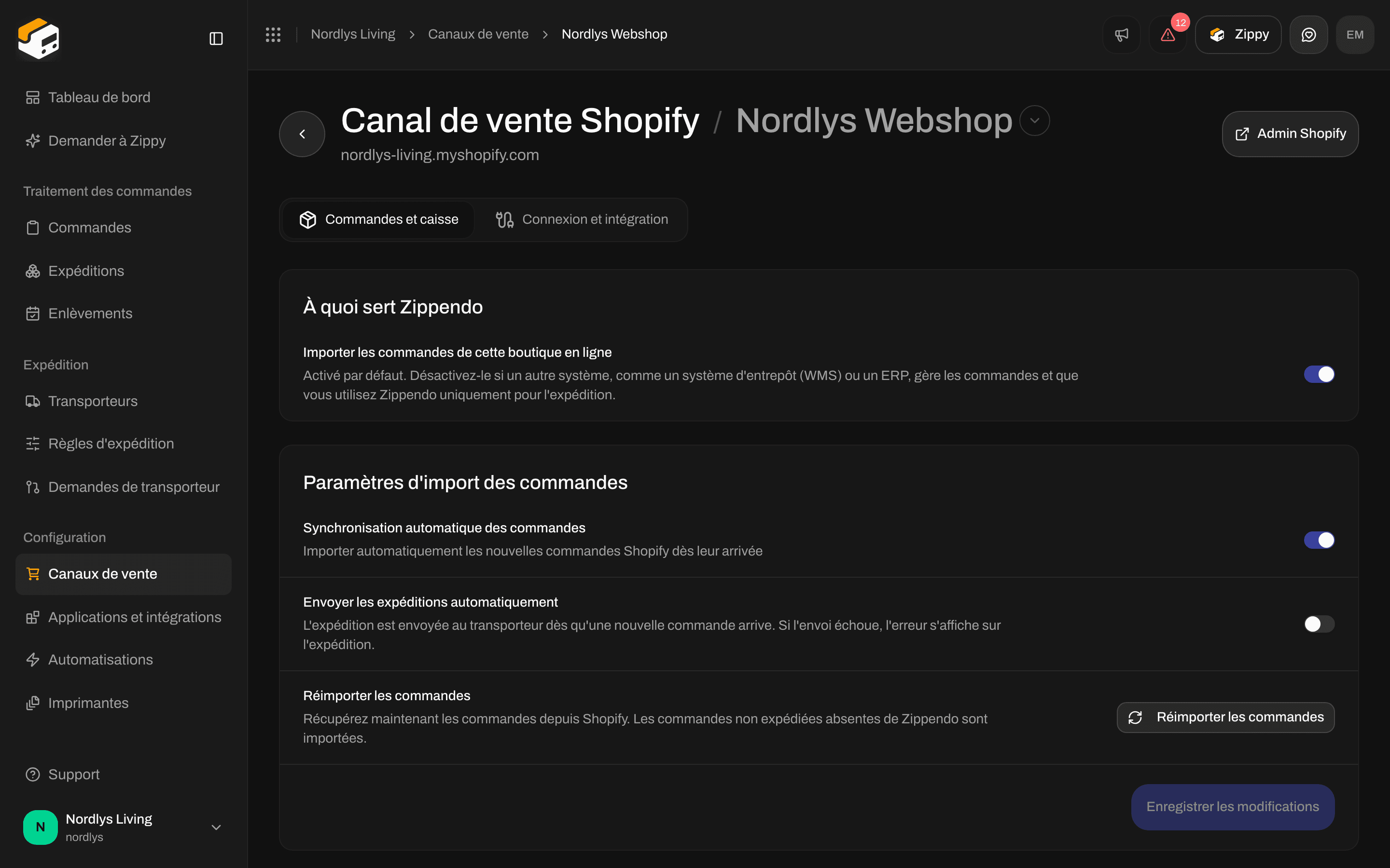 Onglet Commandes et caisse de Shopify avec les interrupteurs d'import des commandes et de traitement