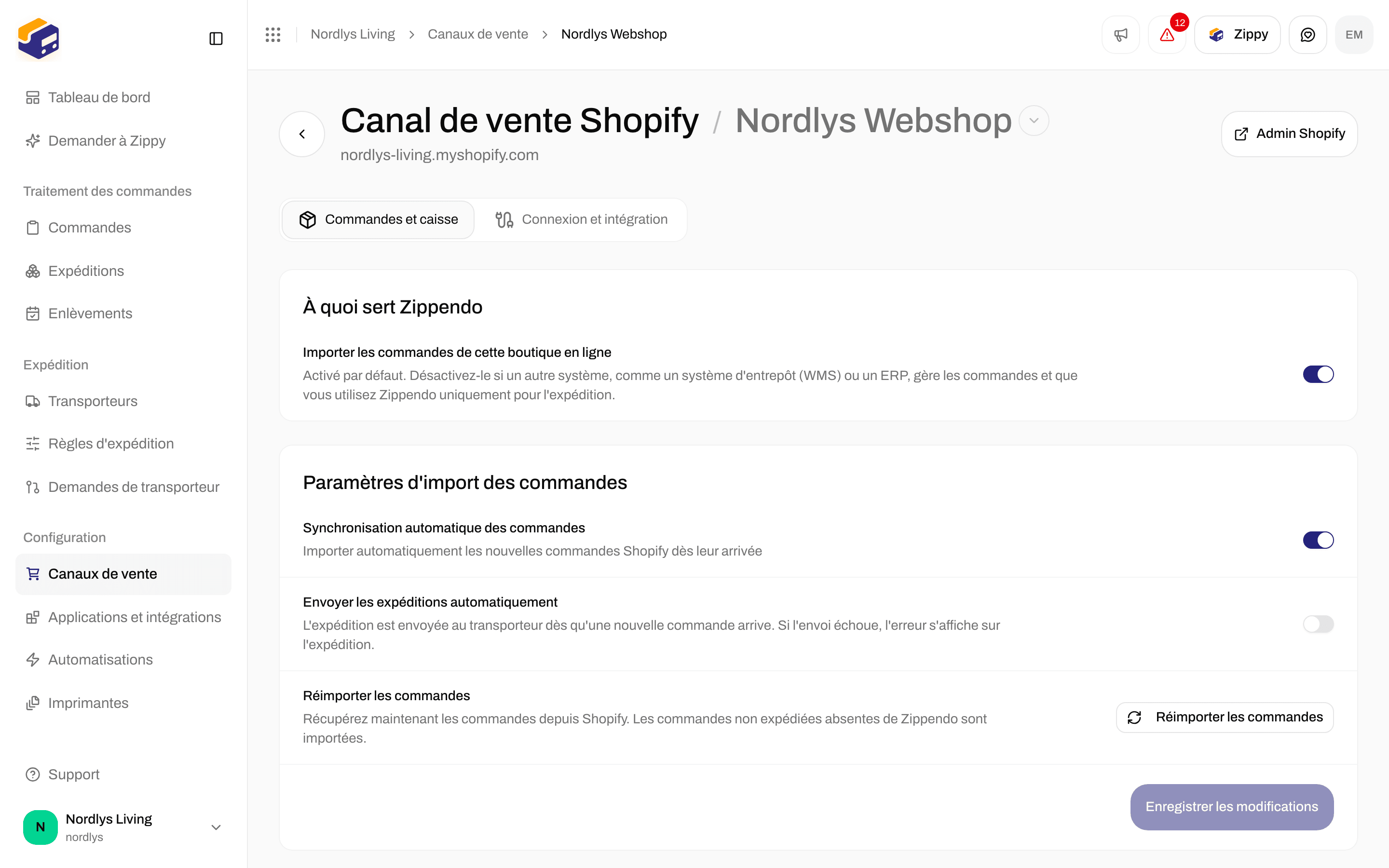 Onglet Commandes et caisse de Shopify avec les interrupteurs d'import des commandes et de traitement