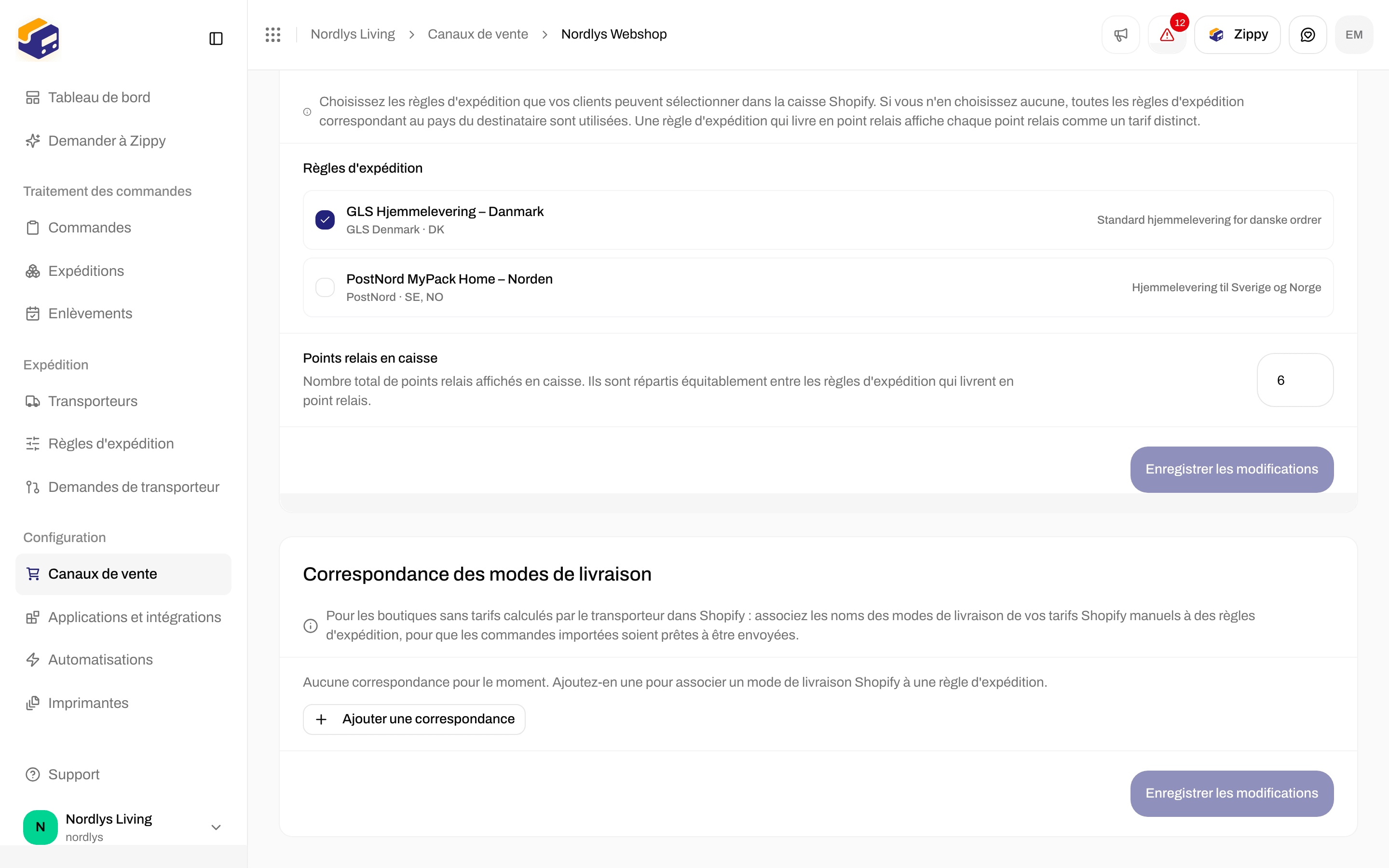 Correspondance des modes de livraison sans aucune correspondance pour l'instant et le bouton Ajouter une correspondance