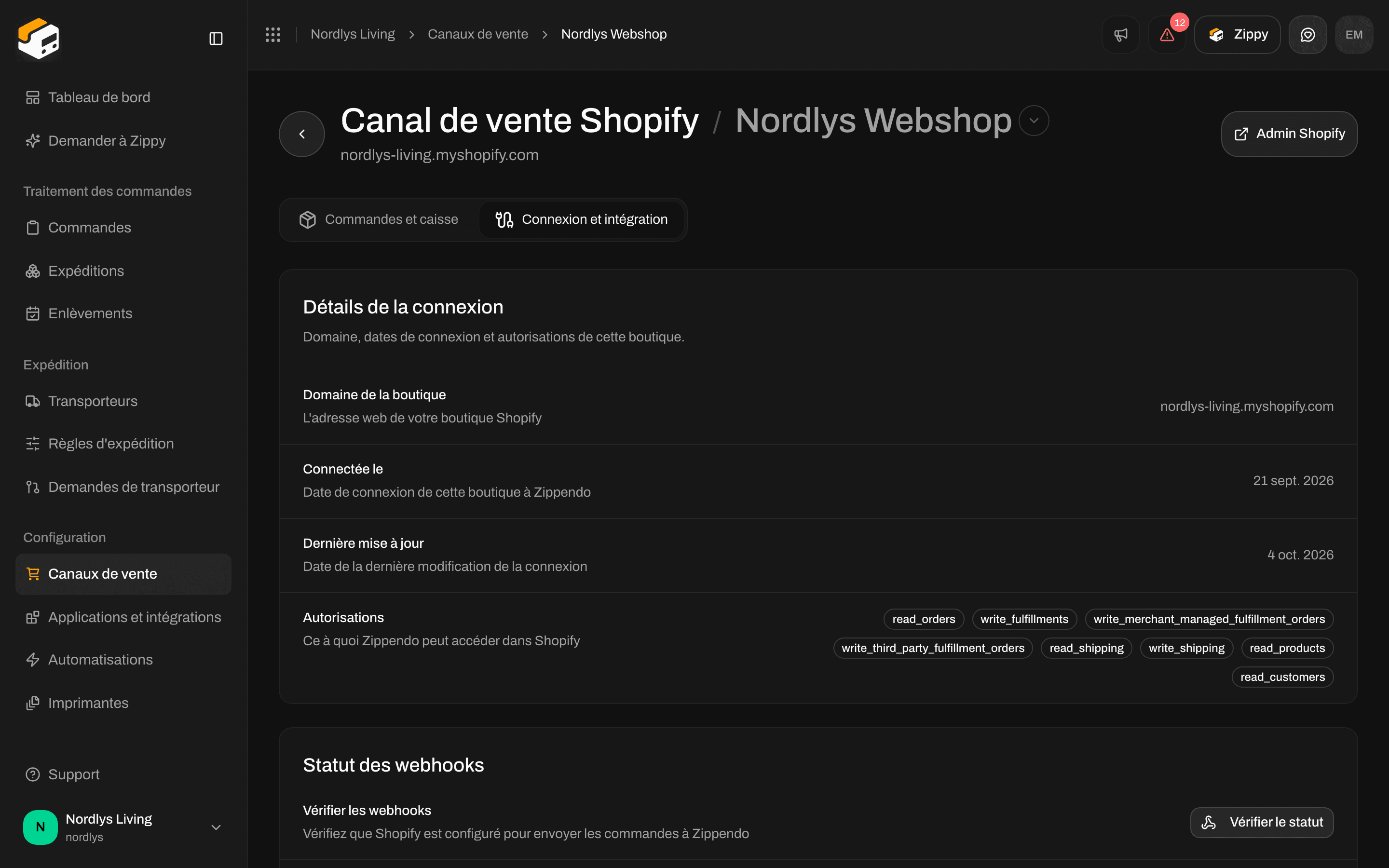 Onglet Connexion et intégration de Shopify avec les détails de la connexion et les vérifications de statut