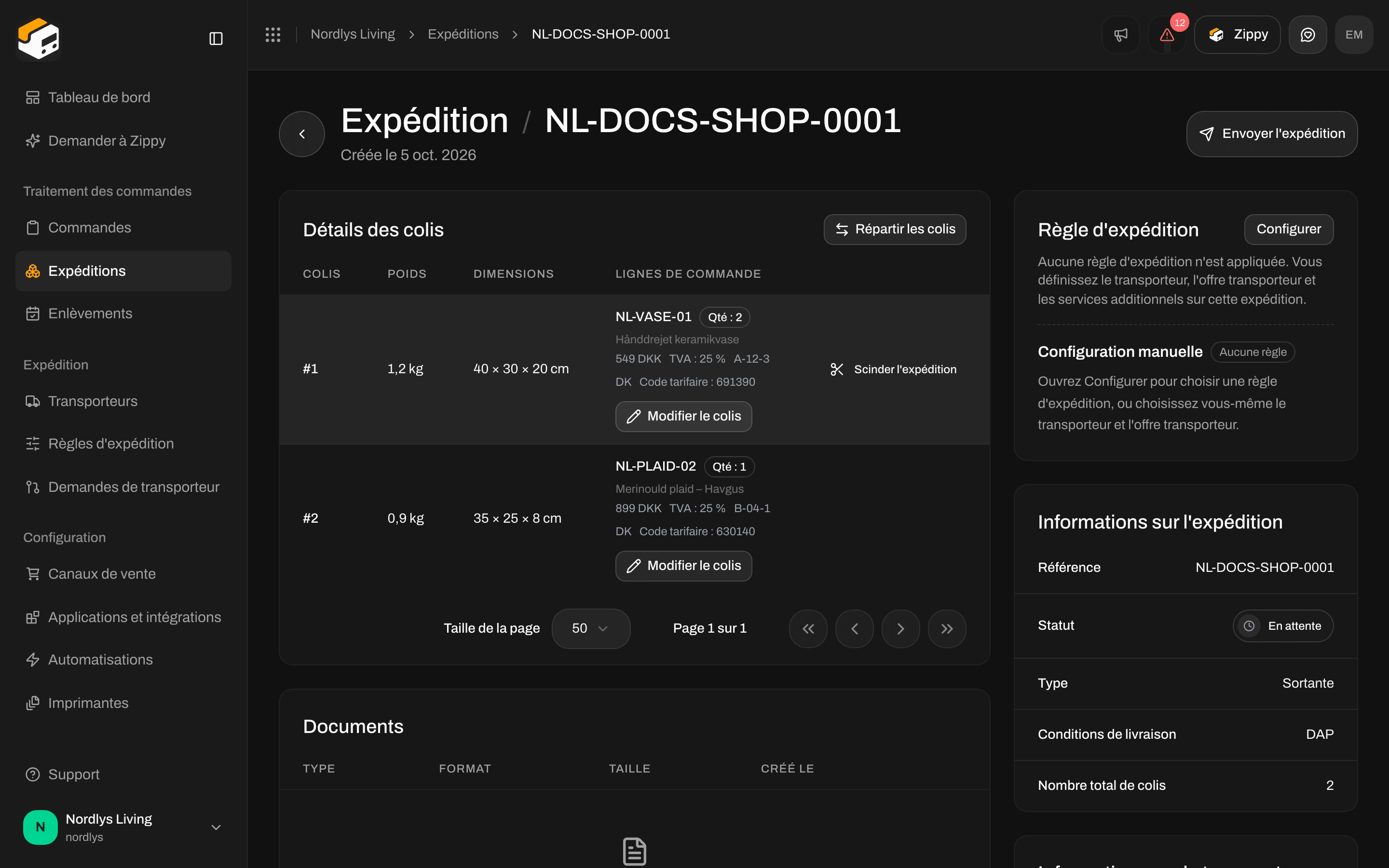 Détails des colis avec deux colis, Scinder l'expédition, Répartir les colis et Modifier le colis