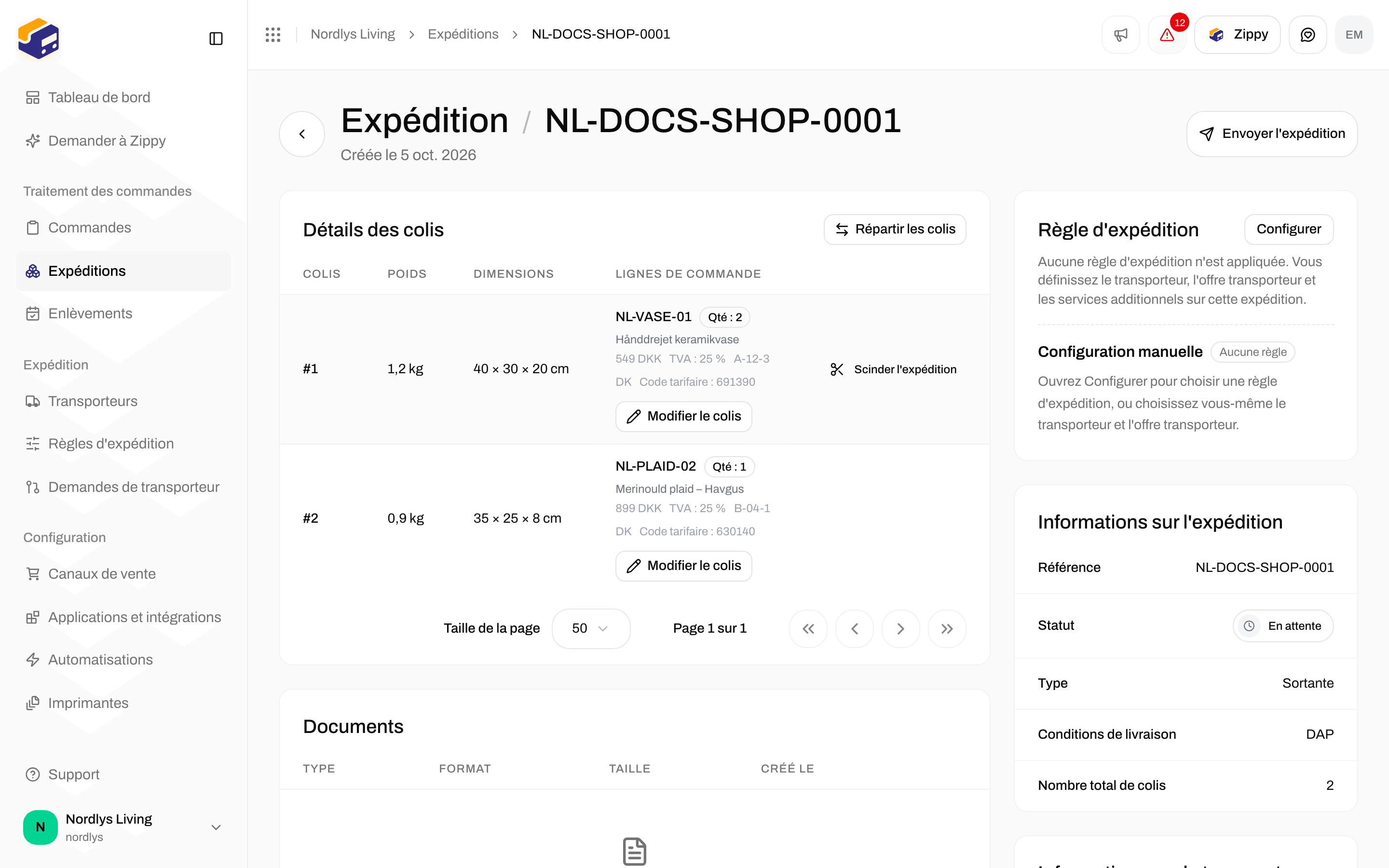 Détails des colis avec deux colis, Scinder l'expédition, Répartir les colis et Modifier le colis