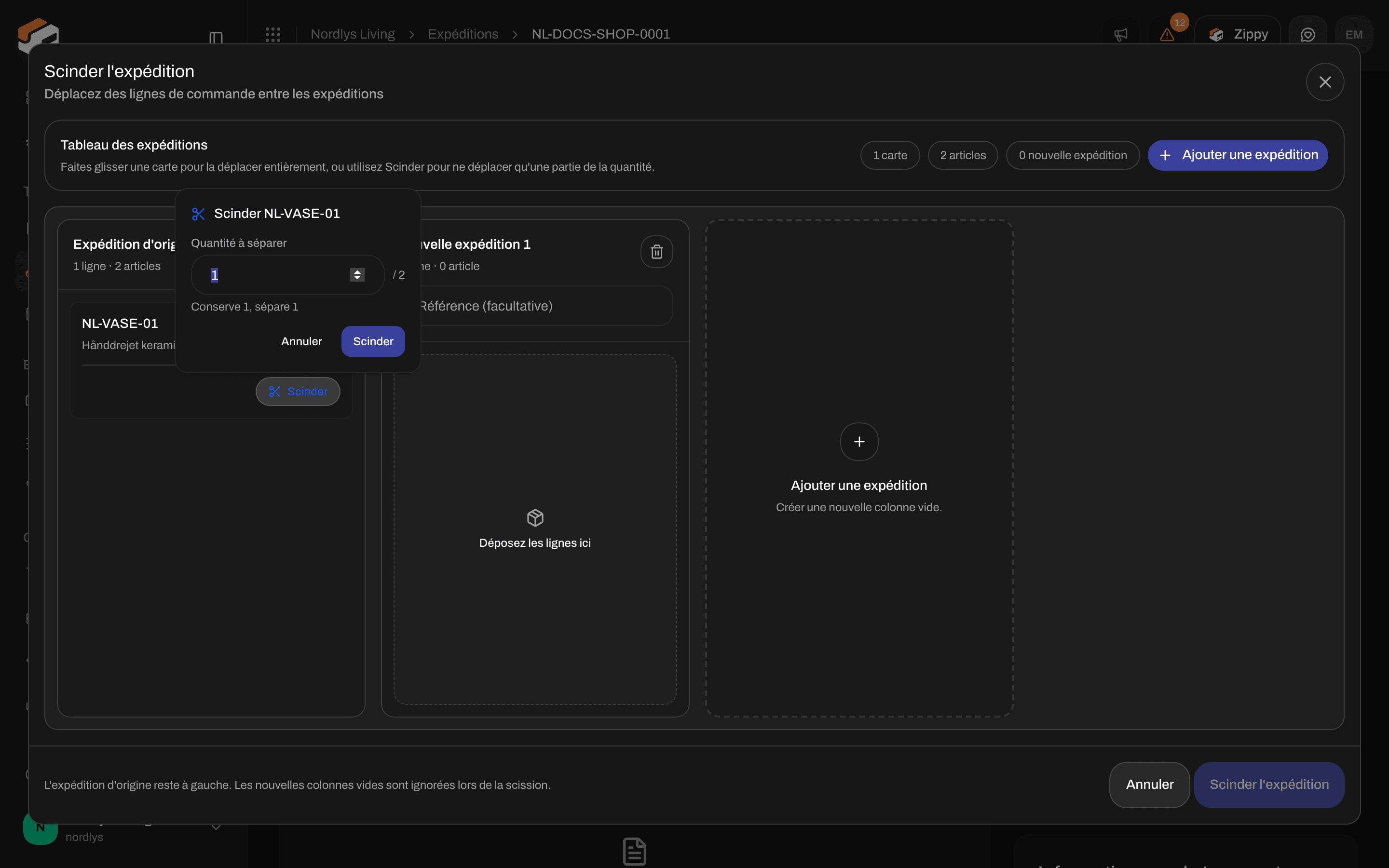 Encadré de quantité à scinder sur une ligne de commande dont la quantité est supérieure à un