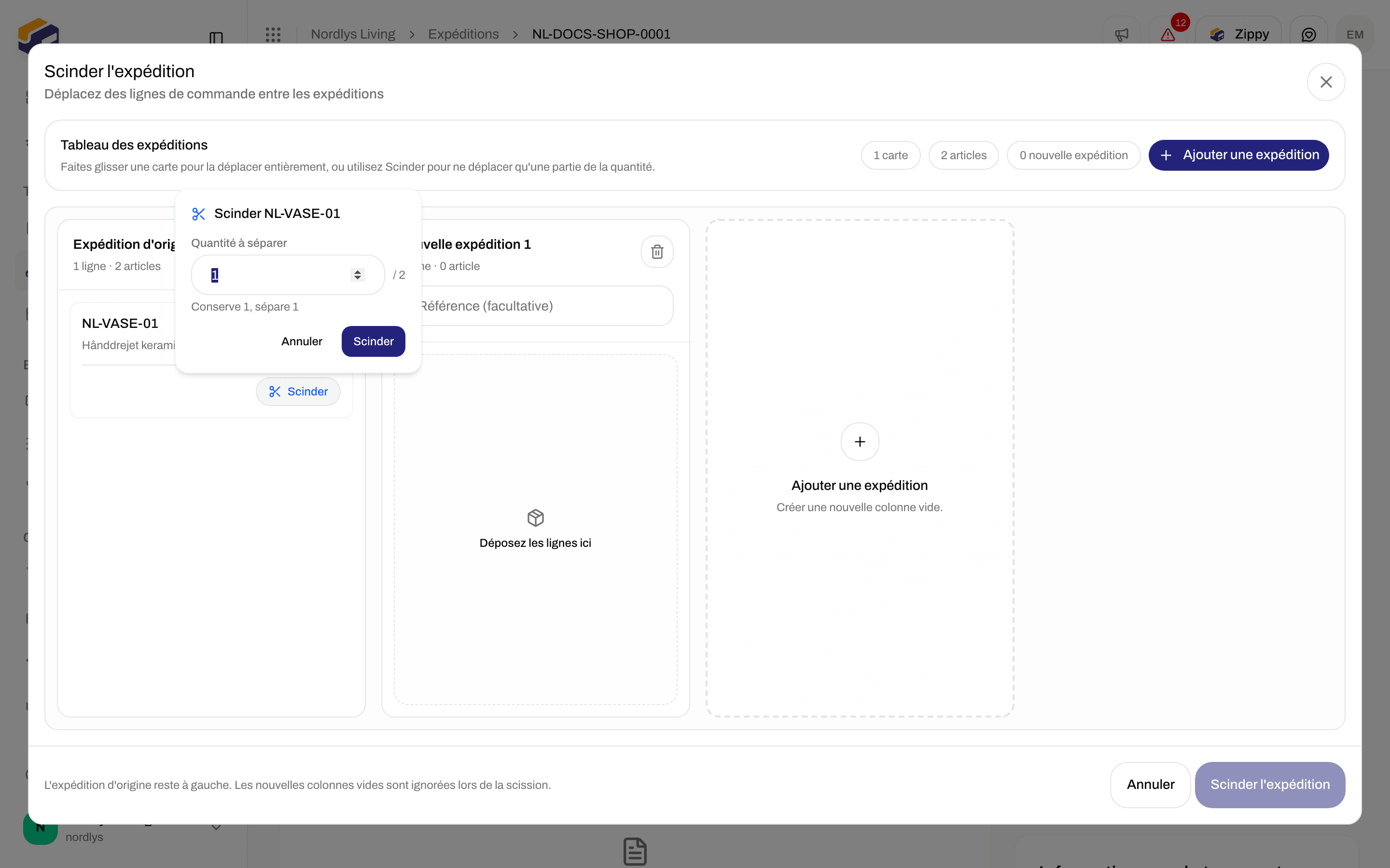 Encadré de quantité à scinder sur une ligne de commande dont la quantité est supérieure à un