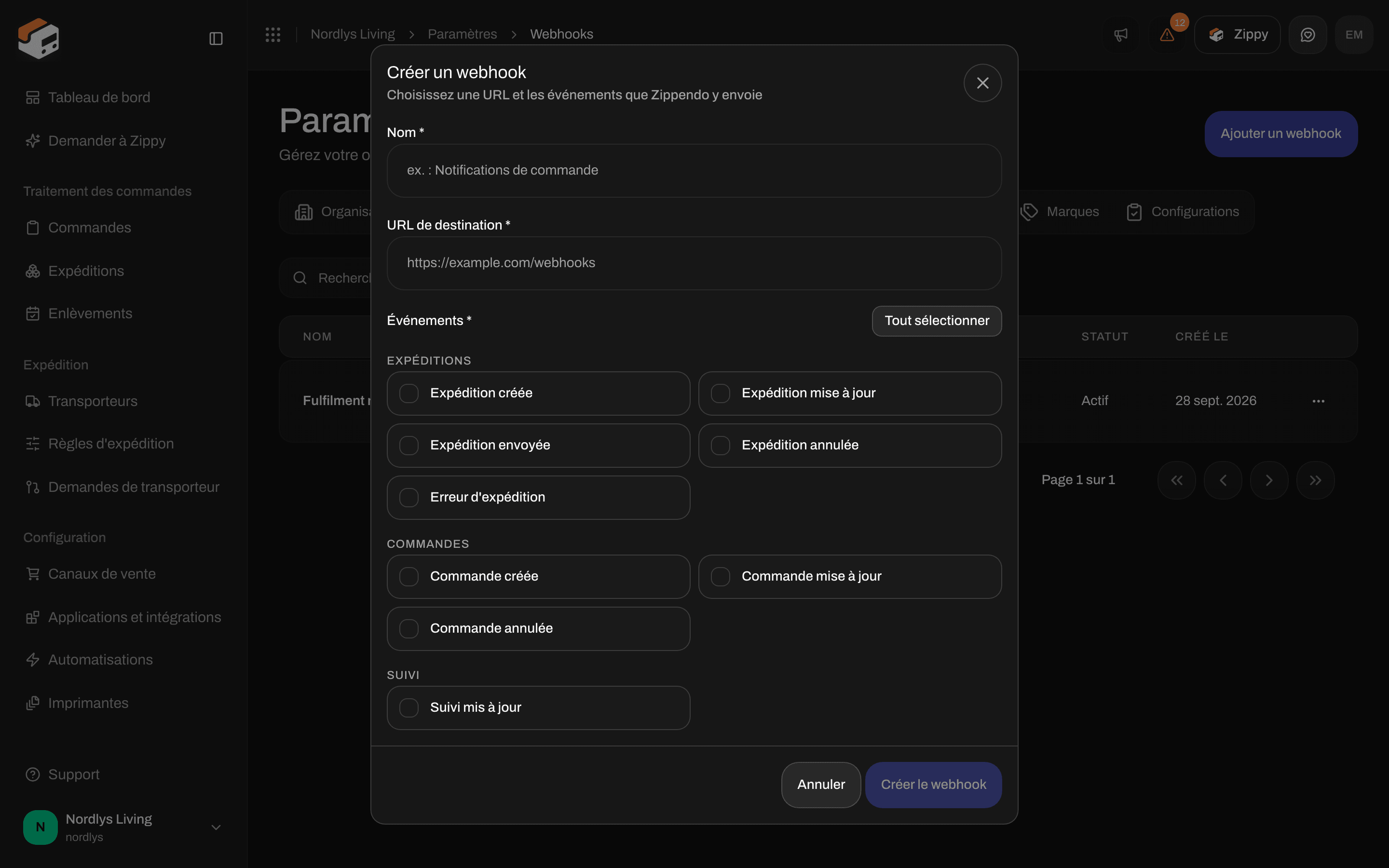 Fenêtre de création de webhook défilée jusqu'au groupe Suivi avec l'événement Suivi mis à jour