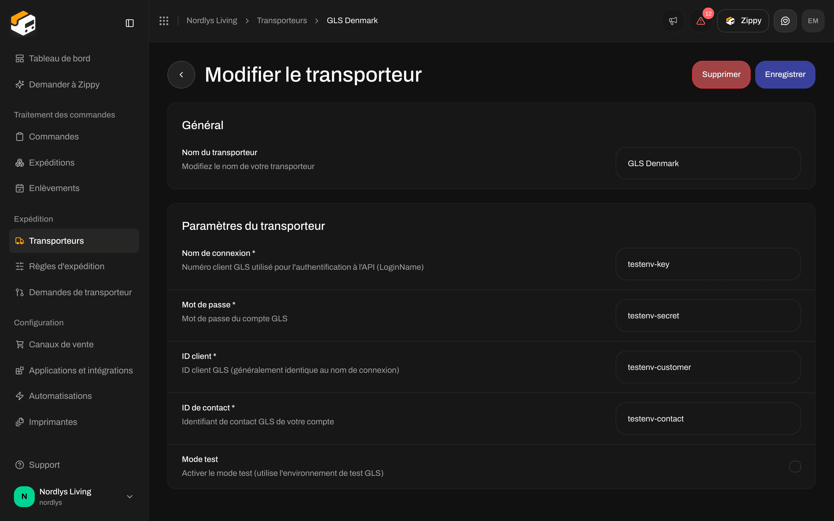 Page Modifier le transporteur pour GLS Denmark avec Nom de connexion, Mot de passe et Mode test