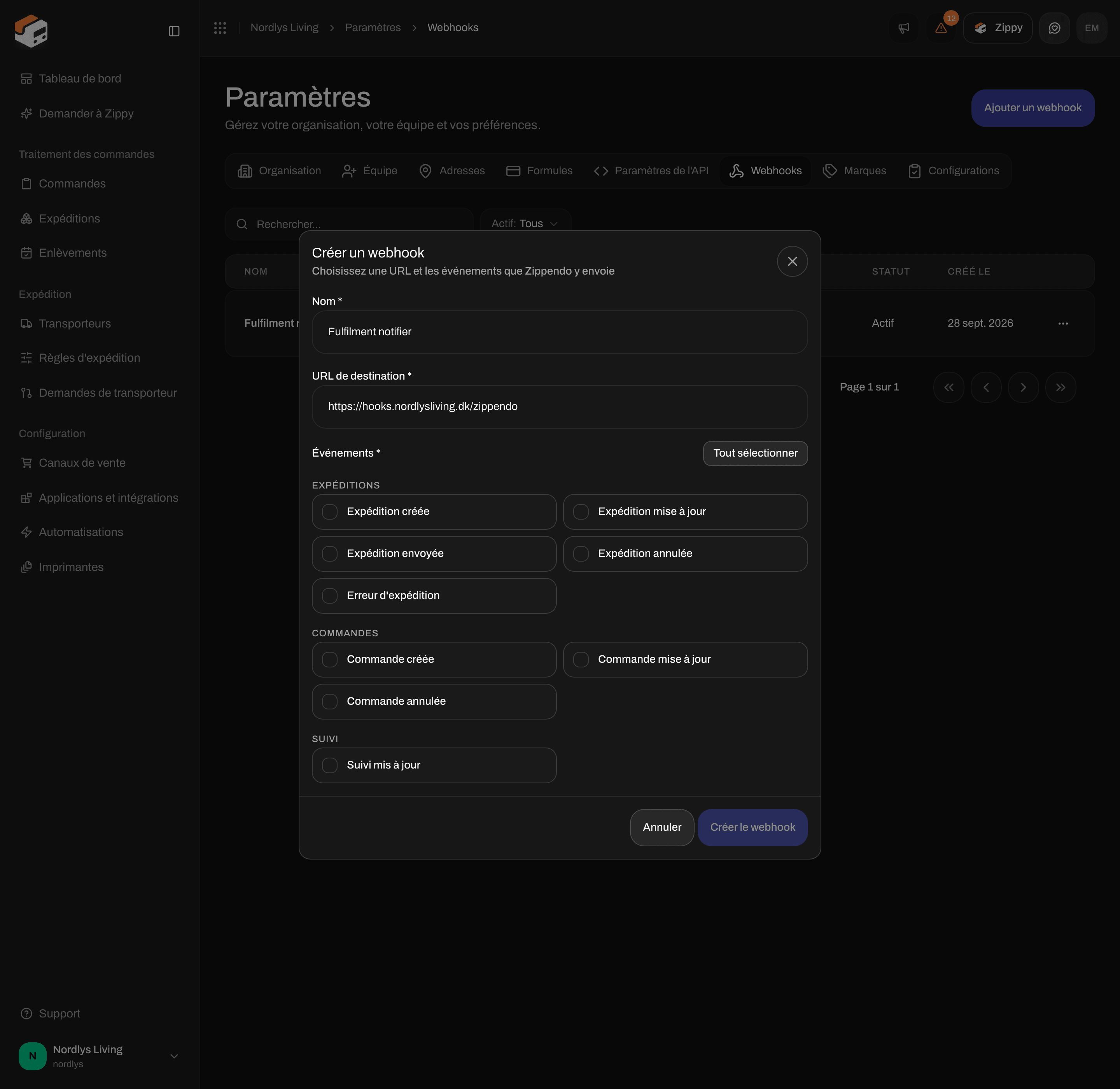 Fenêtre Créer un webhook avec Nom, URL de destination, Tout sélectionner et les cases d'événements d'expédition