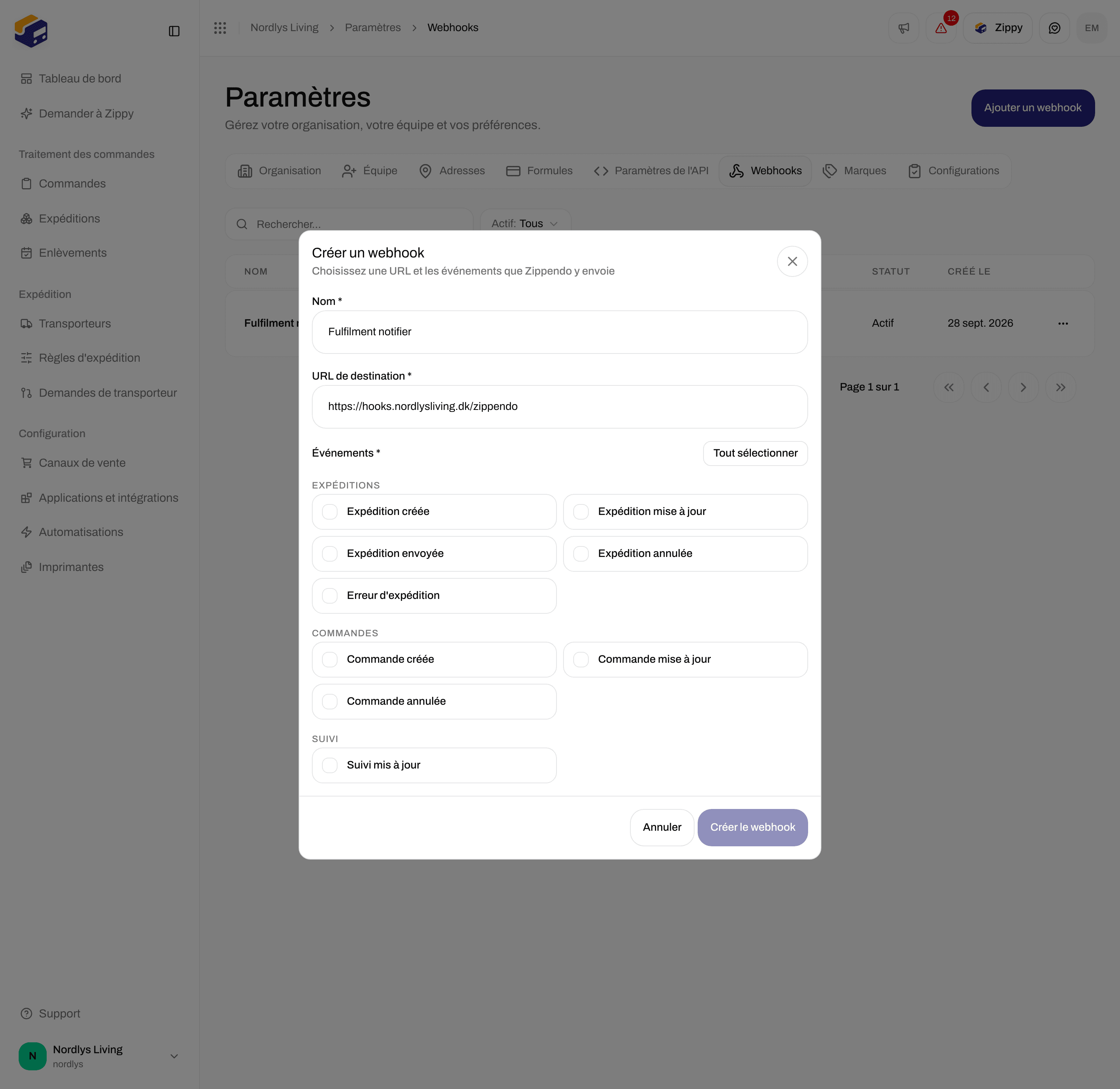 Fenêtre Créer un webhook avec Nom, URL de destination, Tout sélectionner et les cases d'événements d'expédition