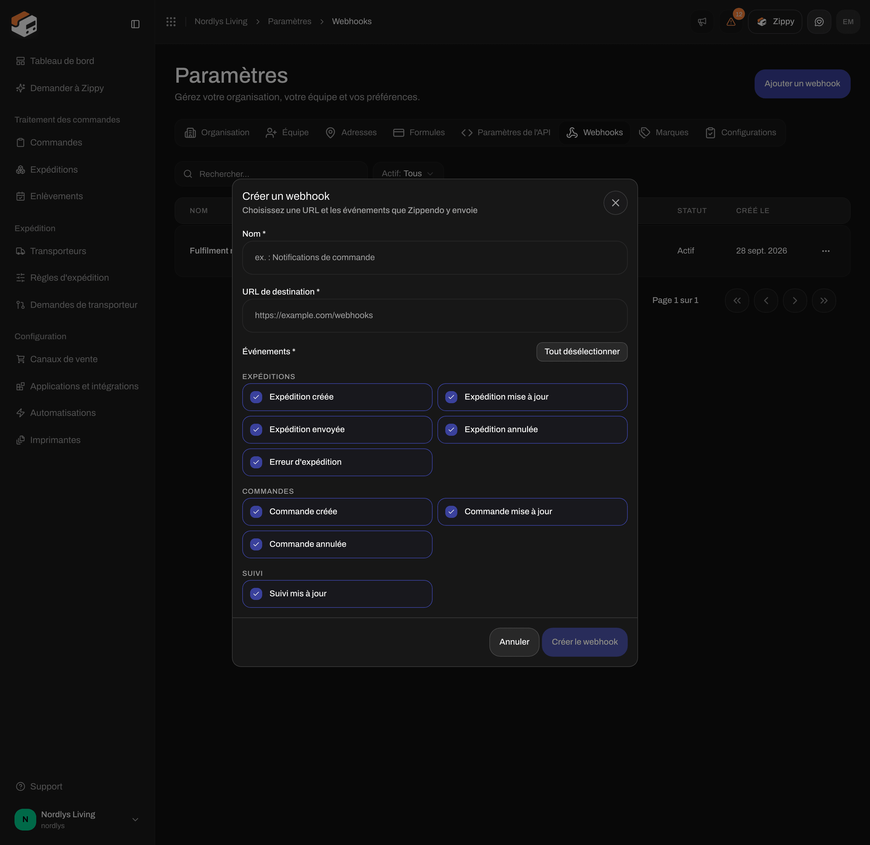 Fenêtre Créer un webhook avec les neuf événements cochés, y compris Suivi mis à jour