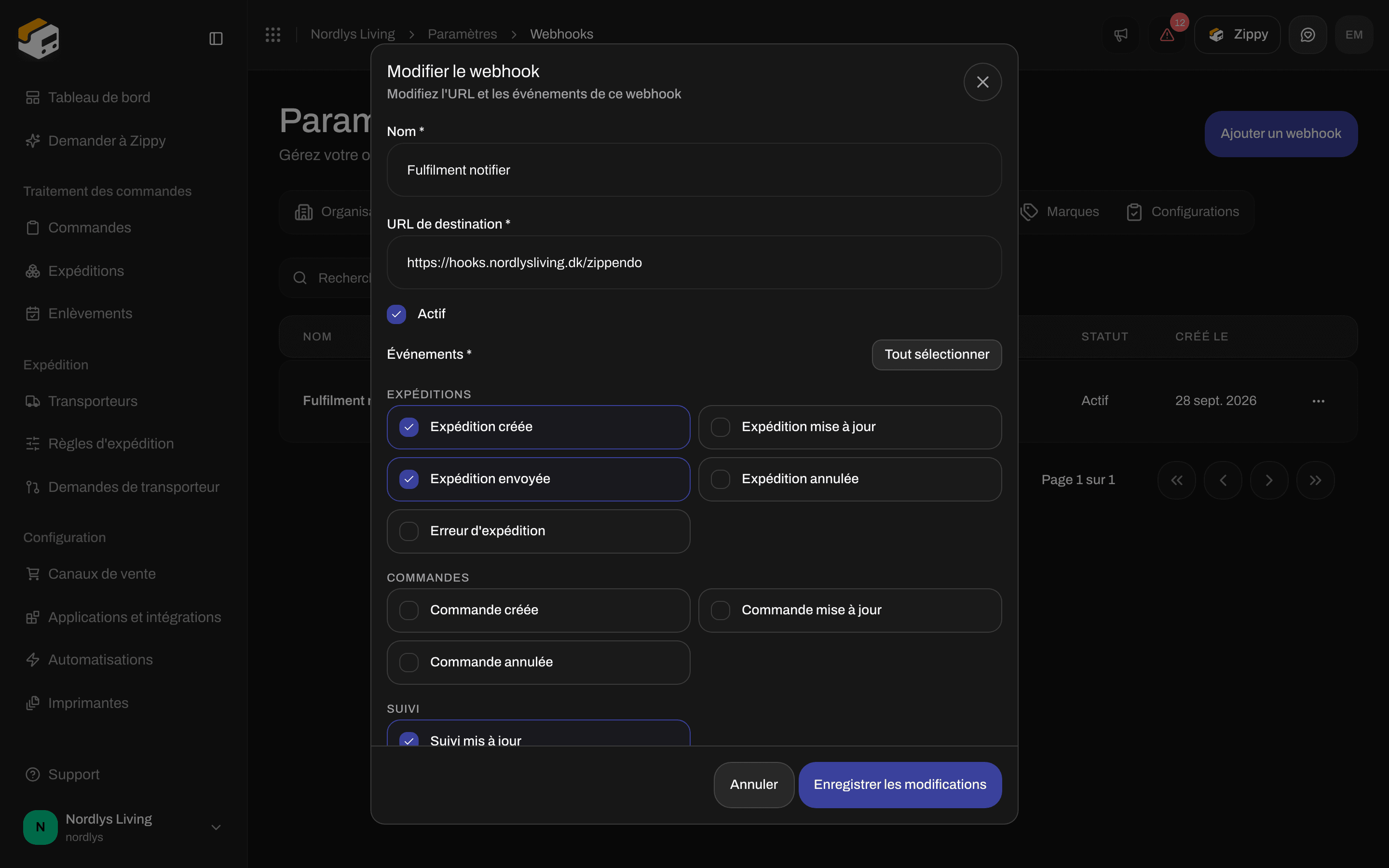 Fenêtre Modifier le webhook avec Nom, URL de destination, une case Actif et les événements