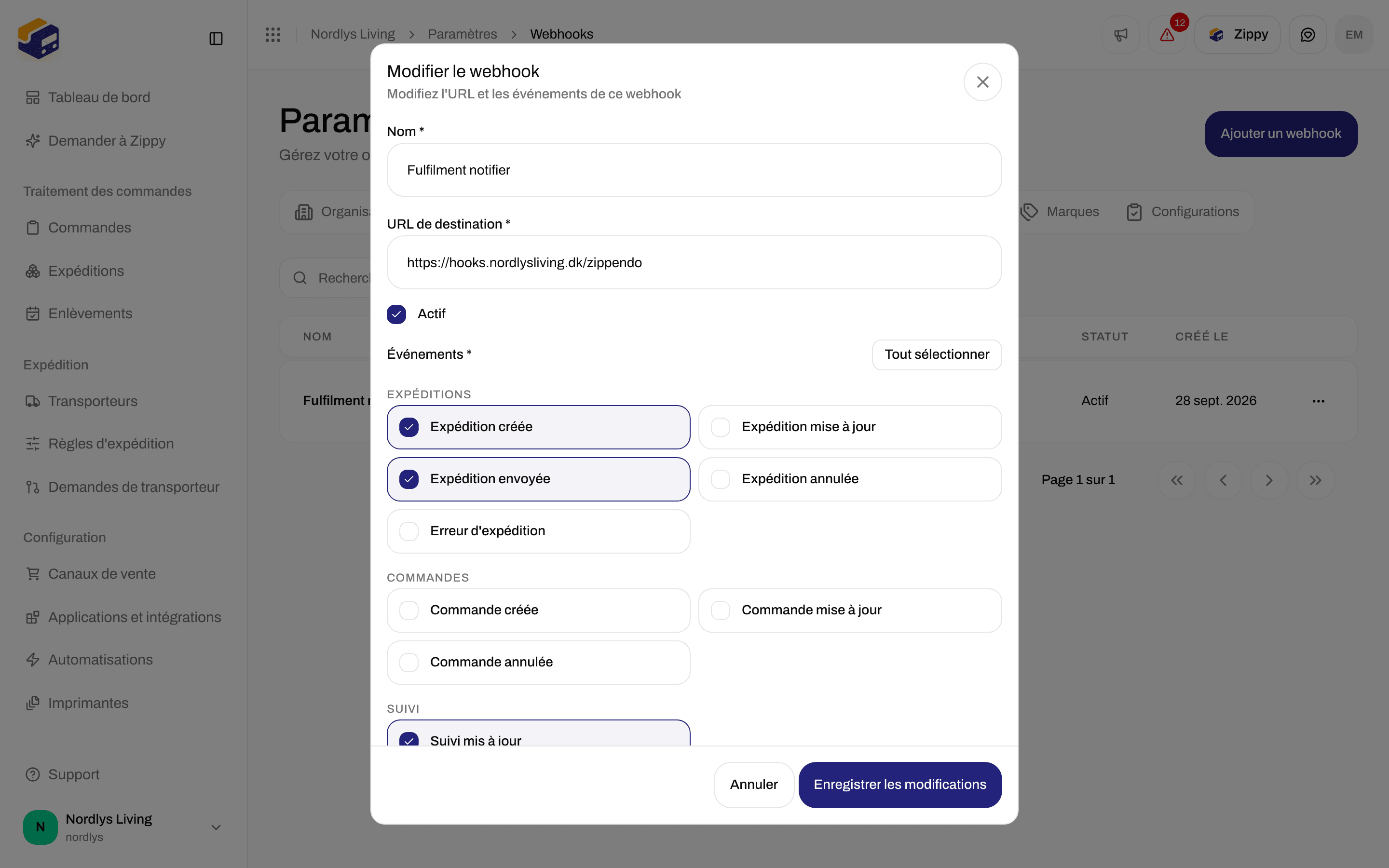 Fenêtre Modifier le webhook avec Nom, URL de destination, une case Actif et les événements