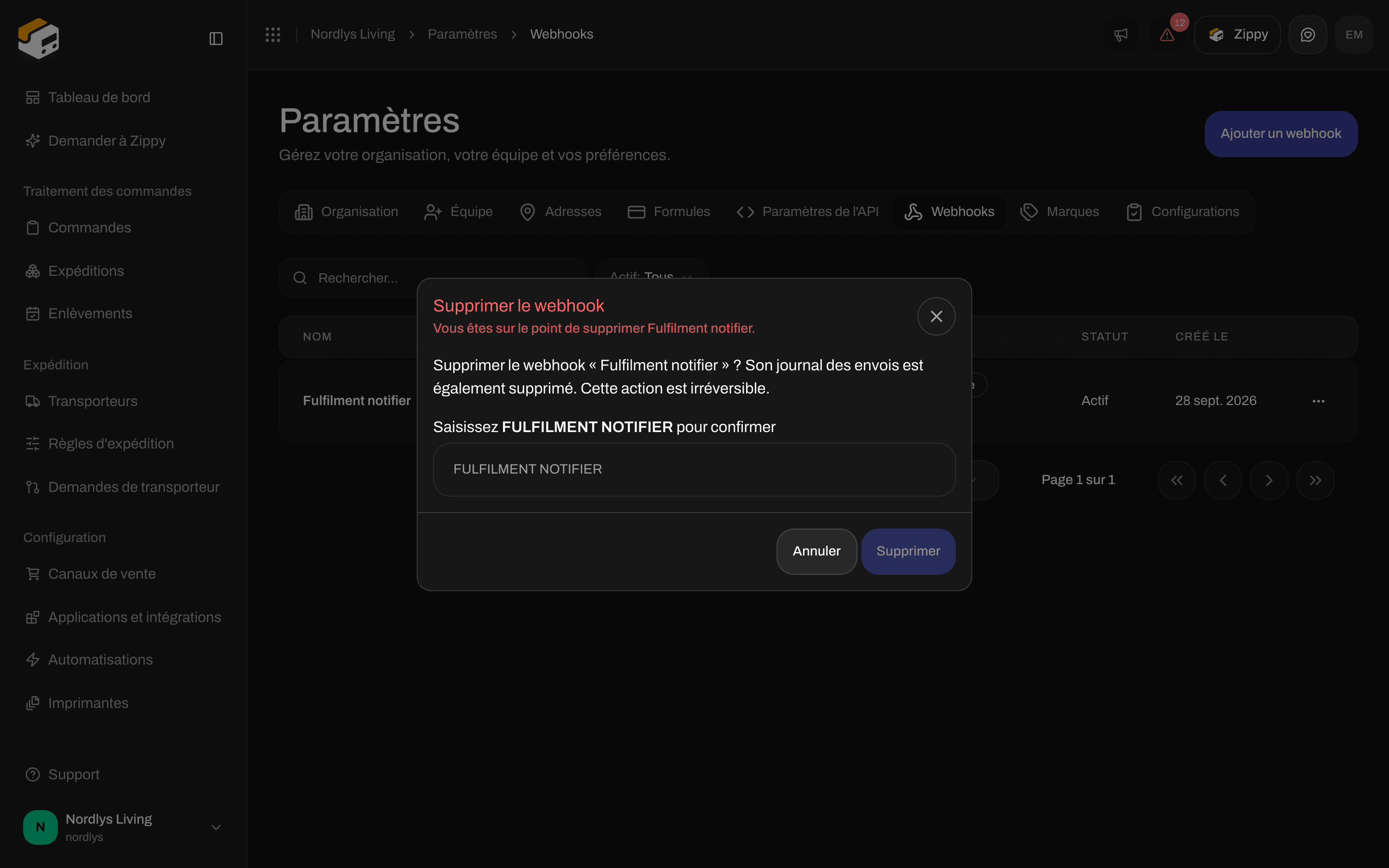Fenêtre Supprimer le webhook avec un champ pour saisir le nom à confirmer