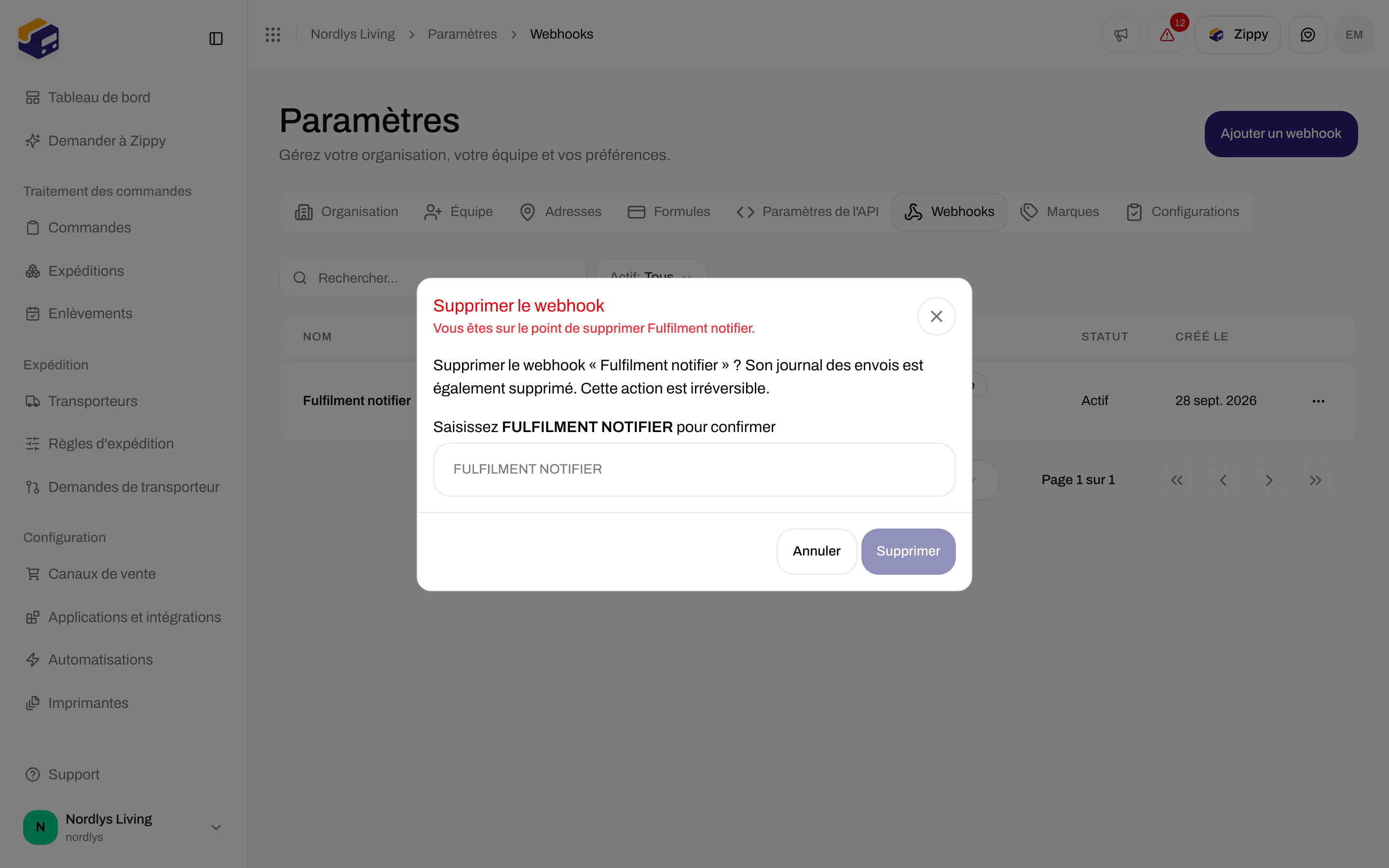 Fenêtre Supprimer le webhook avec un champ pour saisir le nom à confirmer