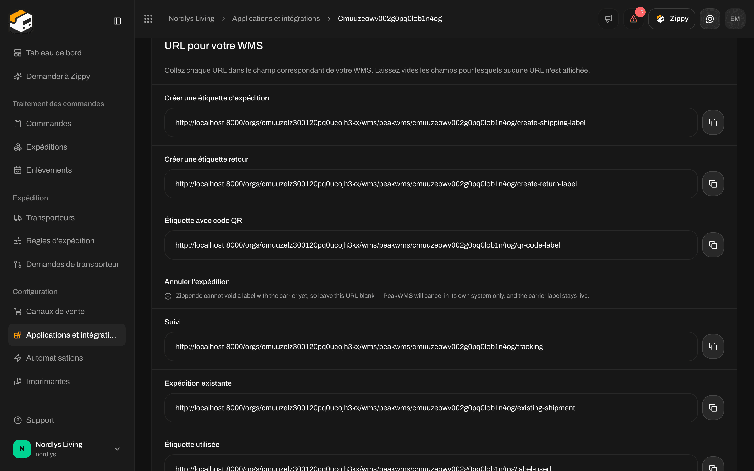 Section URL pour votre WMS listant Créer une étiquette d'expédition, Créer une étiquette retour, Étiquette avec code QR, Suivi, Expédition existante et Étiquette utilisée avec des boutons de copie
