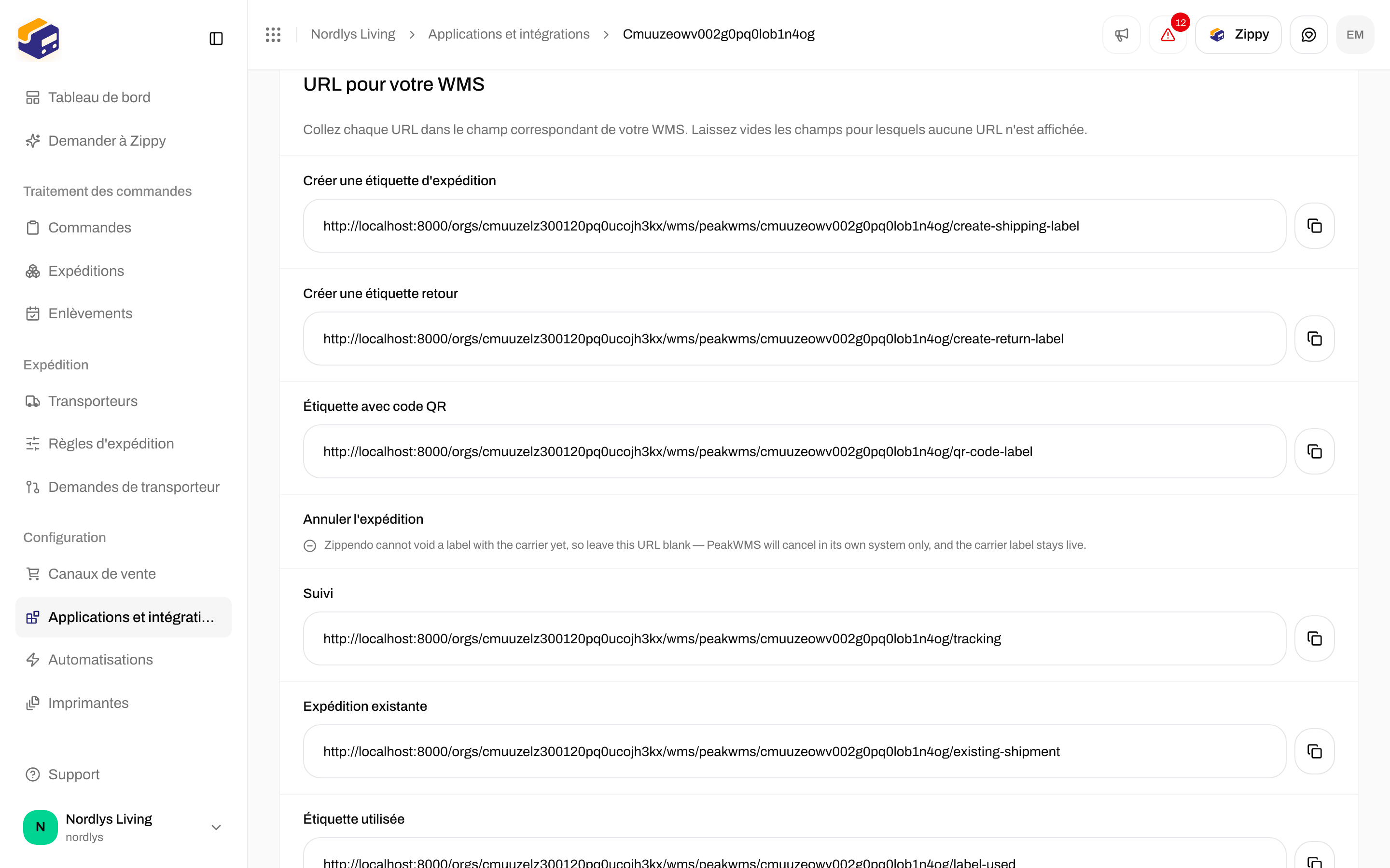 Section URL pour votre WMS listant Créer une étiquette d'expédition, Créer une étiquette retour, Étiquette avec code QR, Suivi, Expédition existante et Étiquette utilisée avec des boutons de copie
