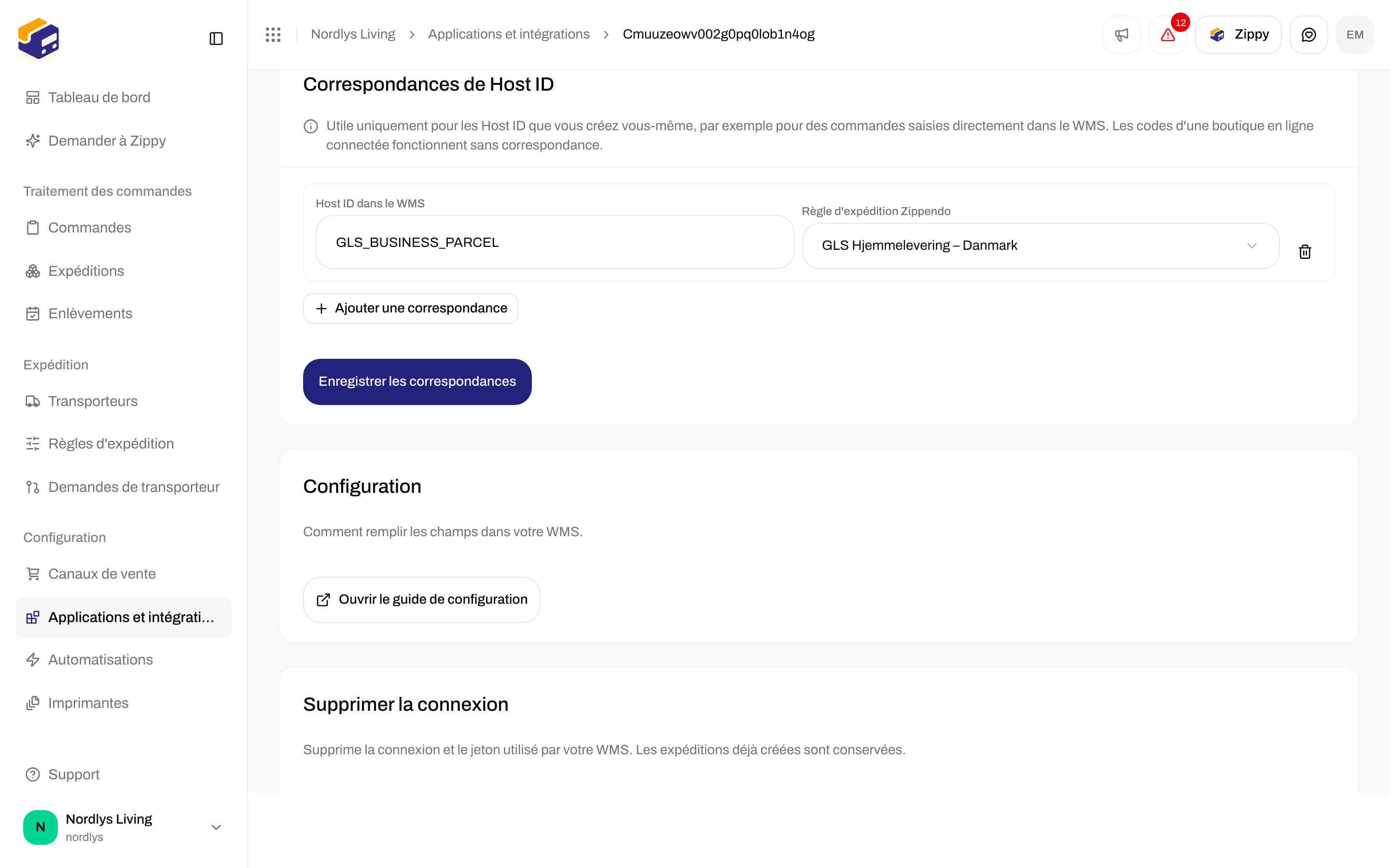 Section Correspondances de Host ID avec une ligne associant GLS_BUSINESS_PARCEL à une règle d'expédition de livraison à domicile GLS