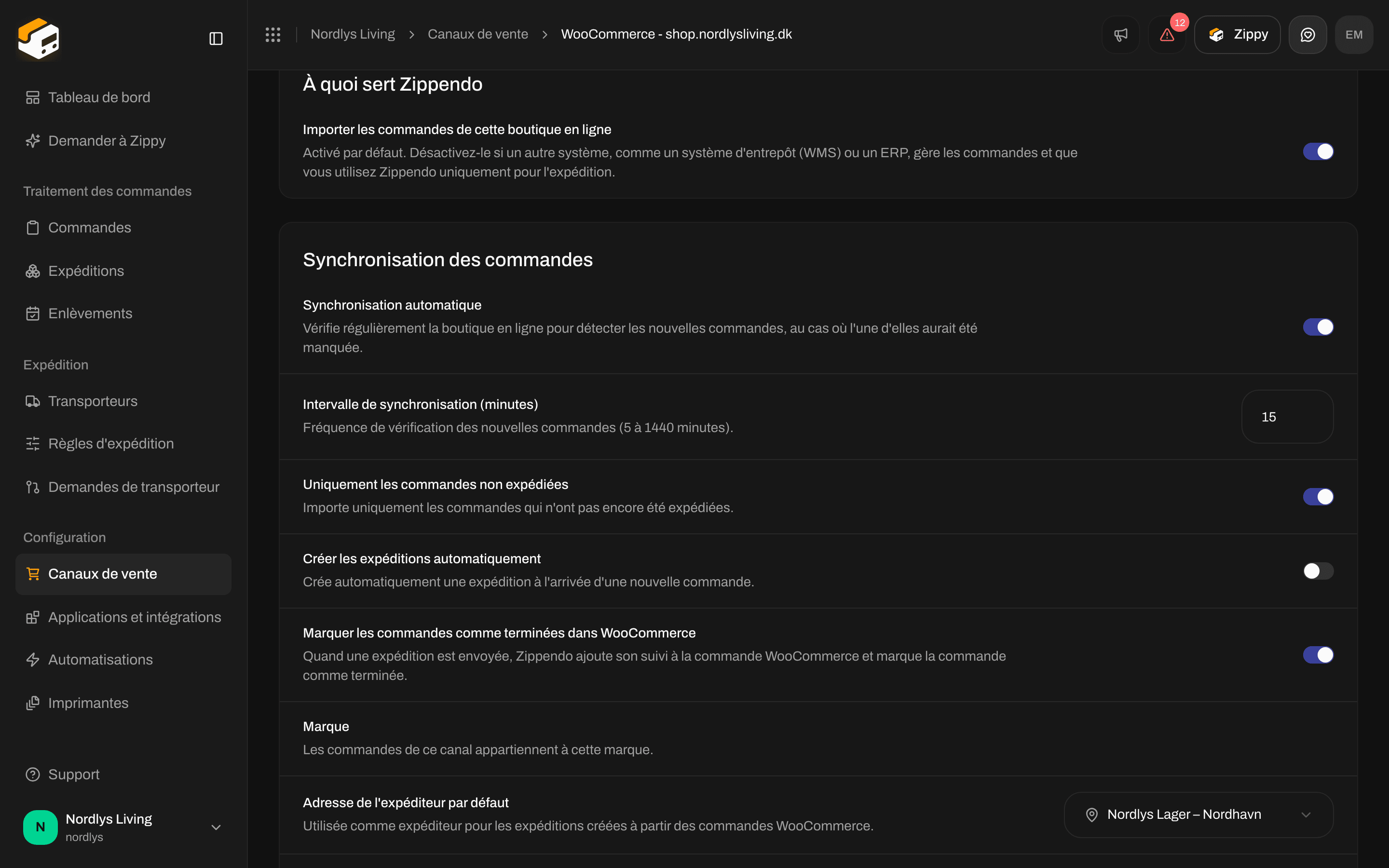 Paramètres du canal de vente avec la section À quoi sert Zippendo et l'interrupteur d'import des commandes