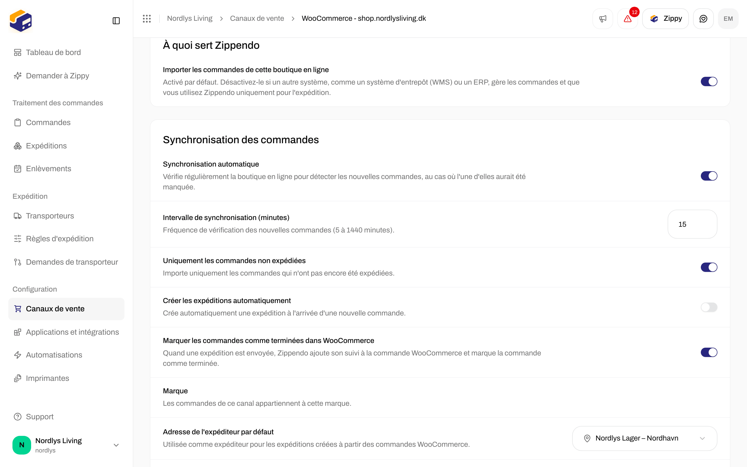 Paramètres du canal de vente avec la section À quoi sert Zippendo et l'interrupteur d'import des commandes