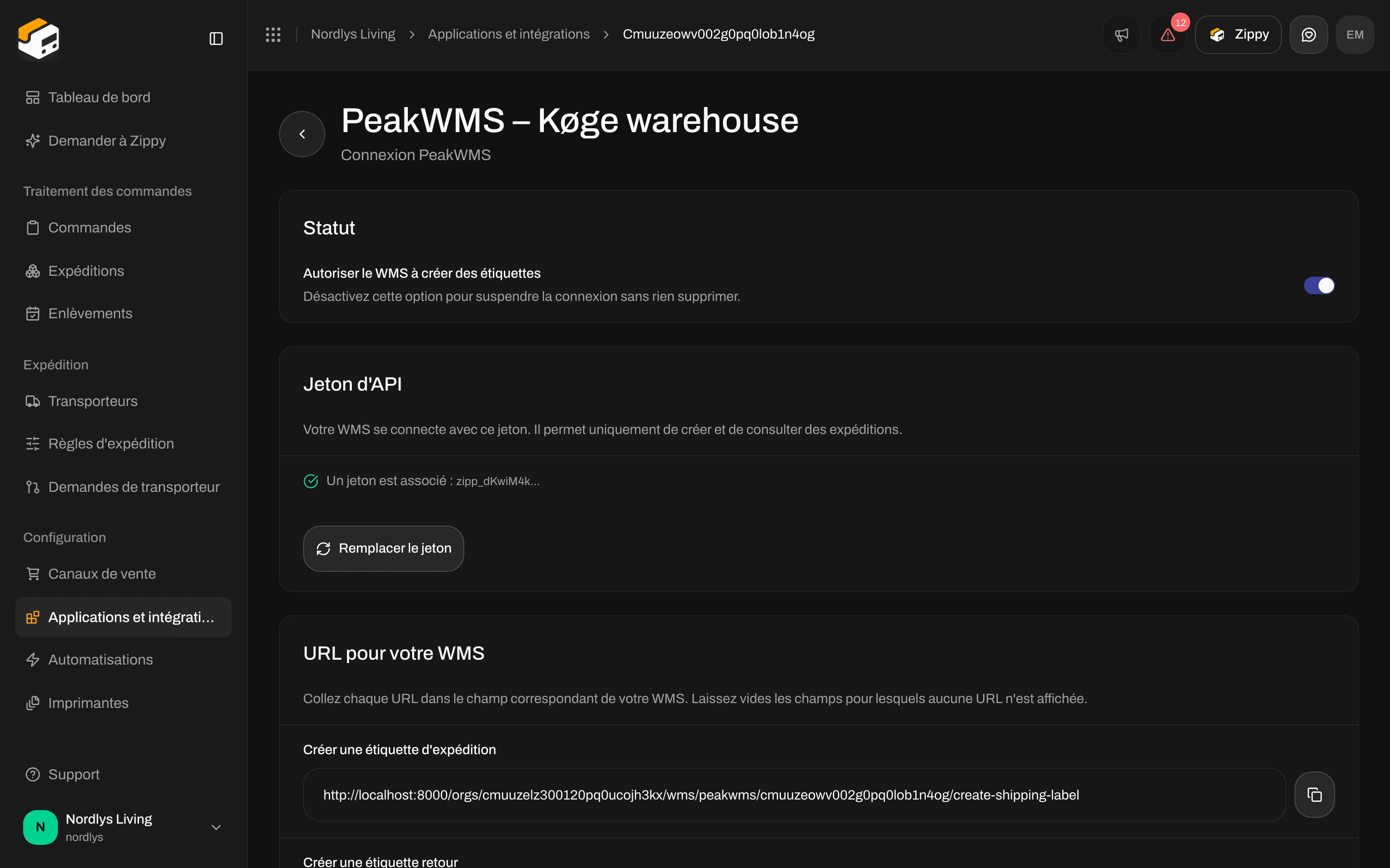 Page de la connexion avec la section Statut et l'interrupteur Autoriser le WMS à créer des étiquettes activé