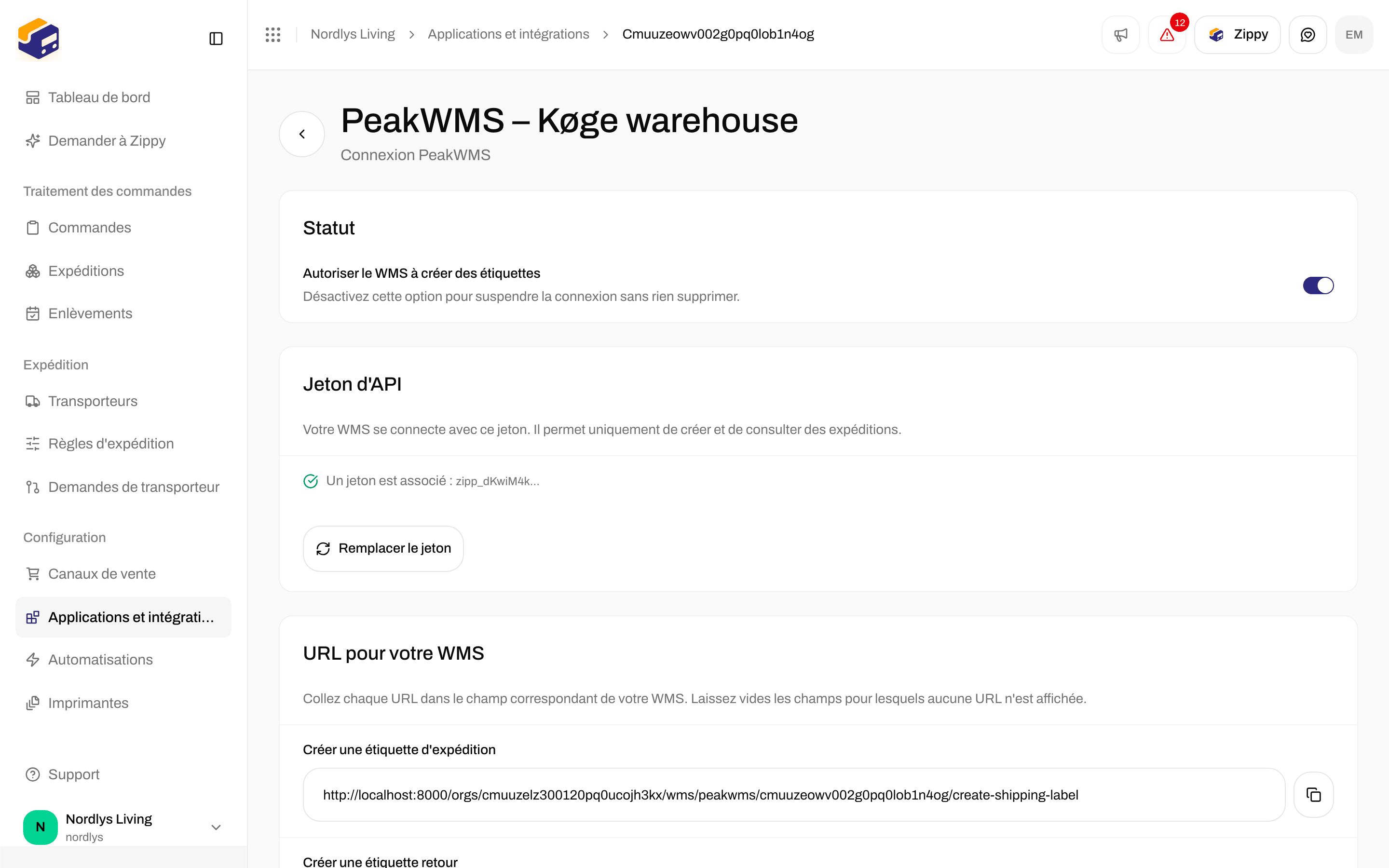 Page de la connexion avec la section Statut et l'interrupteur Autoriser le WMS à créer des étiquettes activé