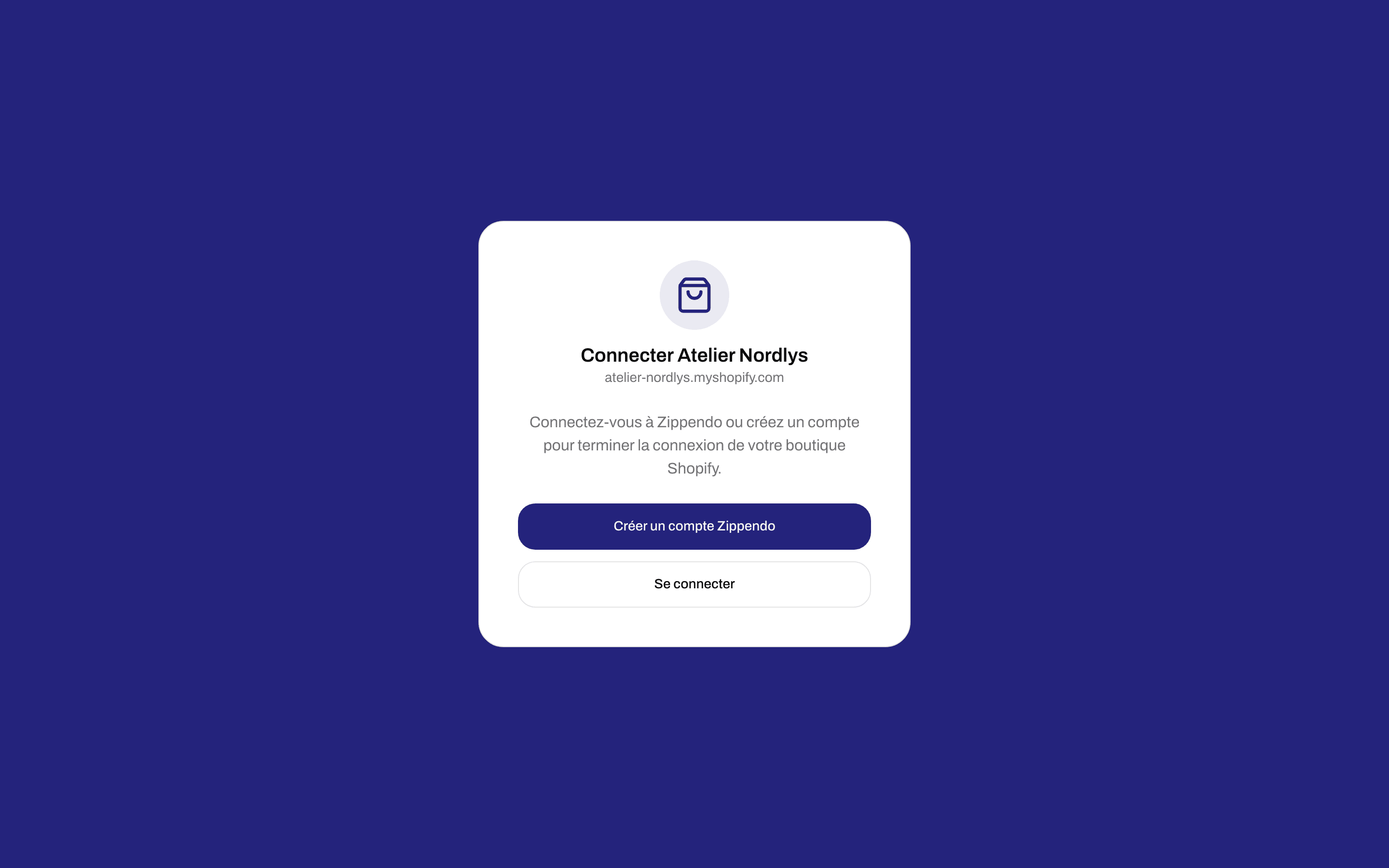 Page de connexion d'une boutique Shopify avec les boutons Créer un compte Zippendo et Se connecter