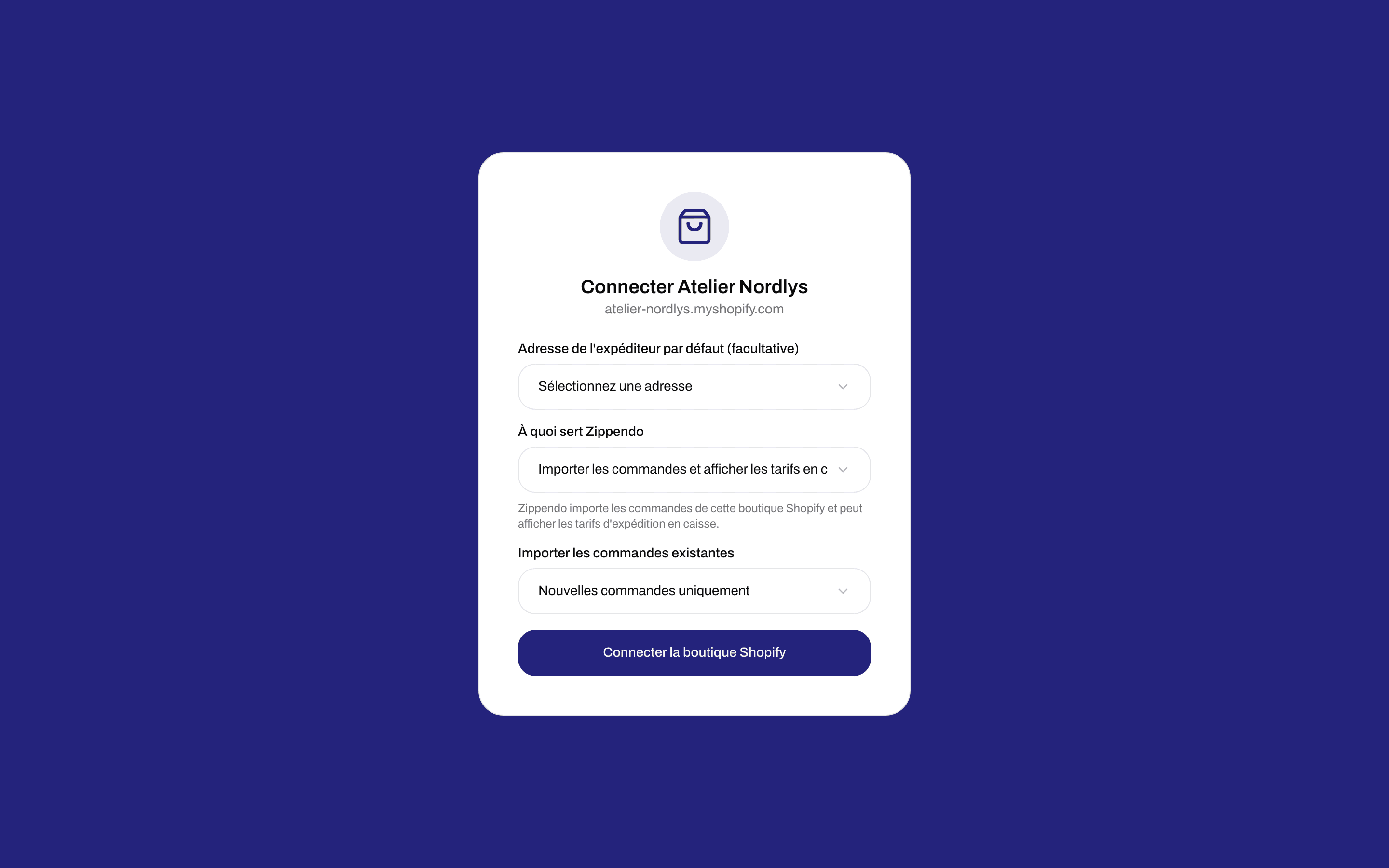 Formulaire de connexion d'une boutique Shopify avec Adresse de l'expéditeur par défaut (facultative), Importer les commandes existantes réglé sur Nouvelles commandes uniquement, et un bouton Connecter la boutique Shopify