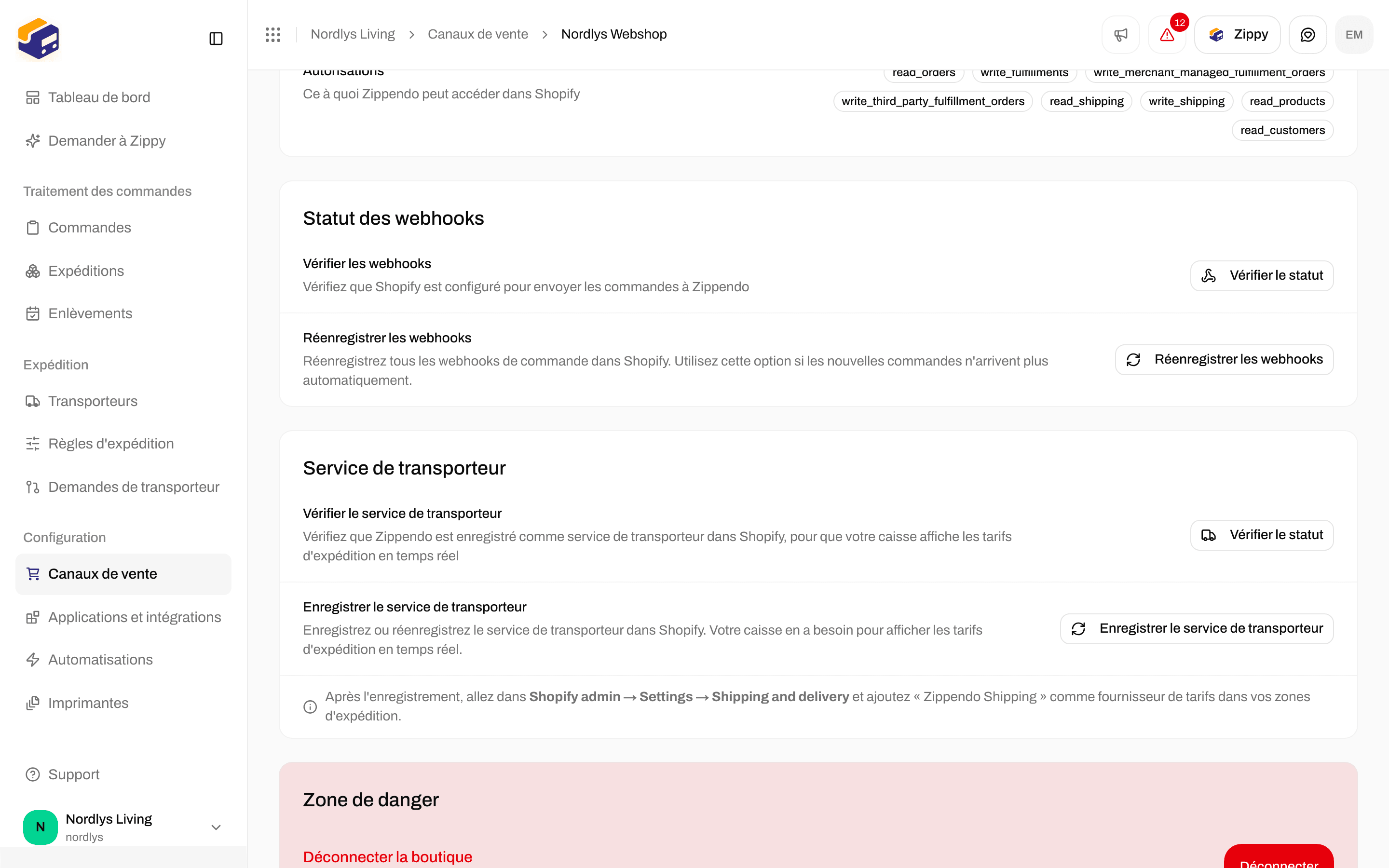 Onglet Connexion avec Statut des webhooks, Service de transporteur et la Zone de danger avec Déconnecter la boutique