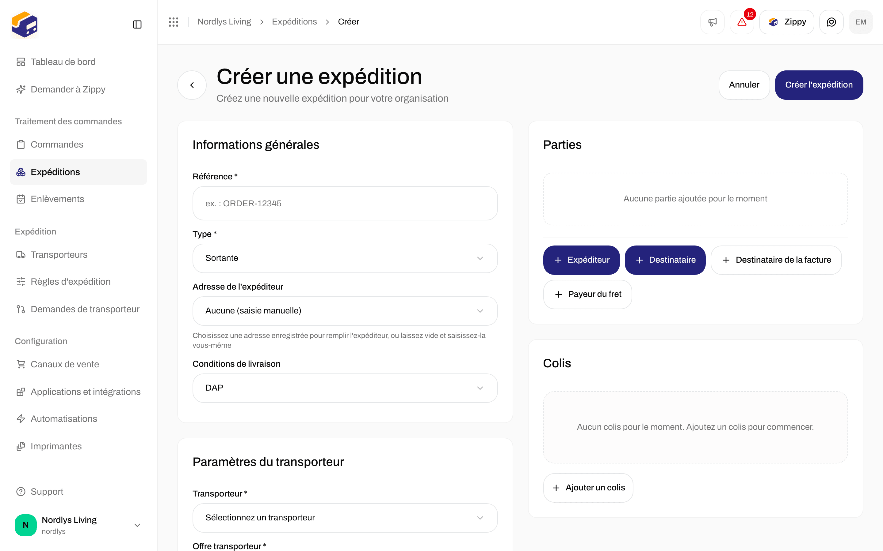 Formulaire Créer une expédition avec Informations générales, Paramètres du transporteur, Paramètres des imprimantes, Parties et Colis