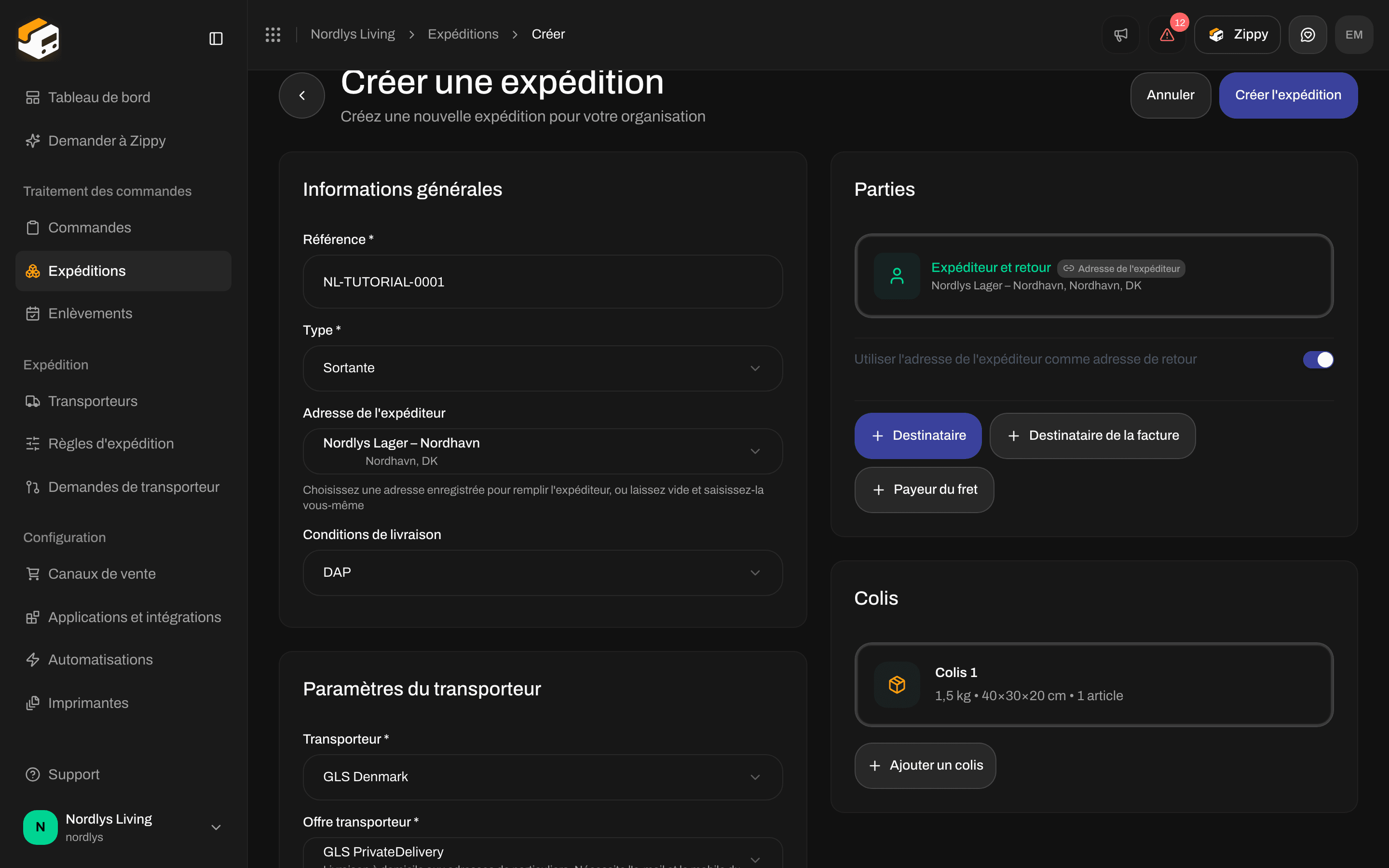 Formulaire Créer une expédition rempli avec une référence, une adresse d'expéditeur, GLS PrivateDelivery et un colis