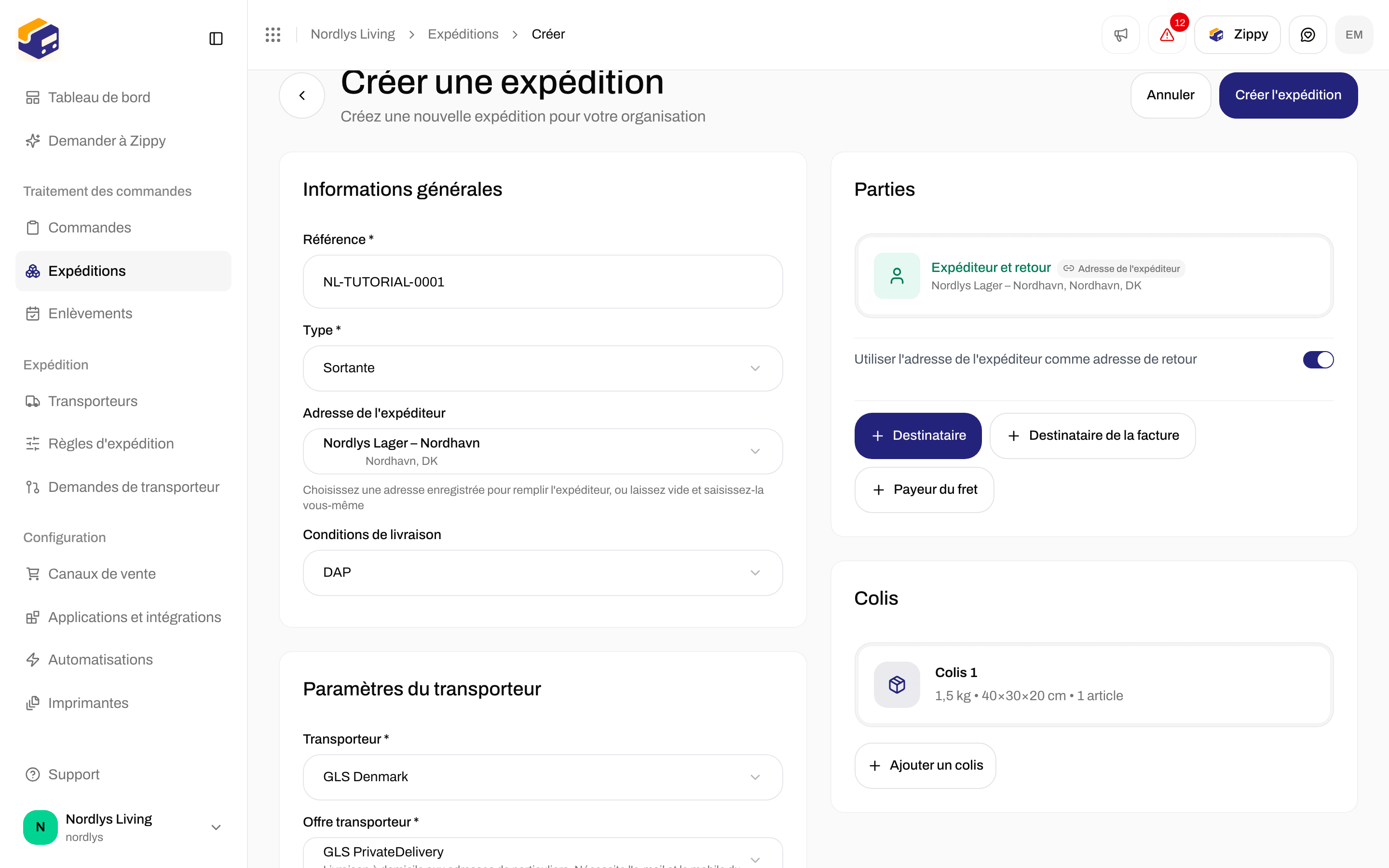 Formulaire Créer une expédition rempli avec une référence, une adresse d'expéditeur, GLS PrivateDelivery et un colis