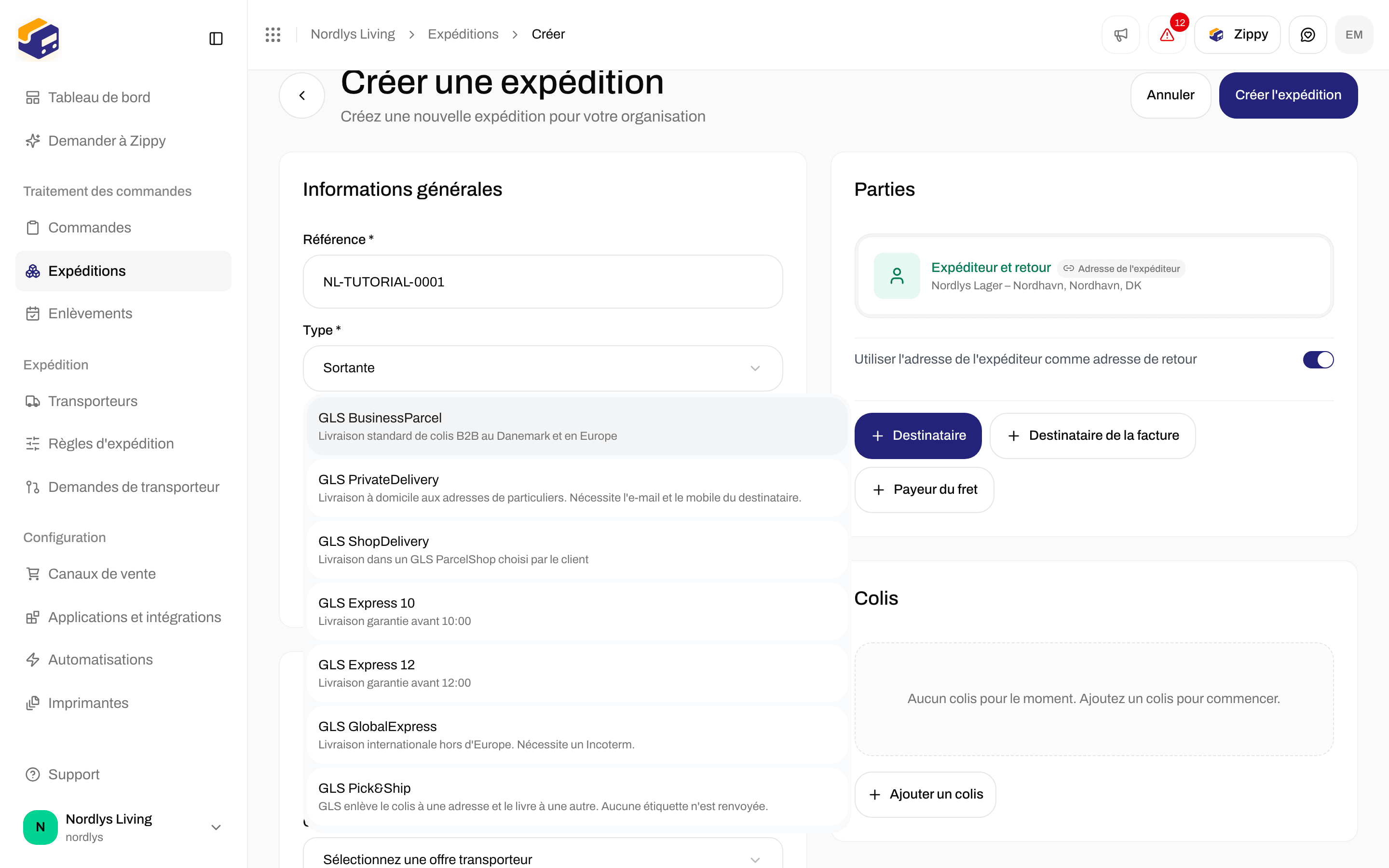 Paramètres du transporteur avec GLS Denmark sélectionné et la liste des offres ouverte